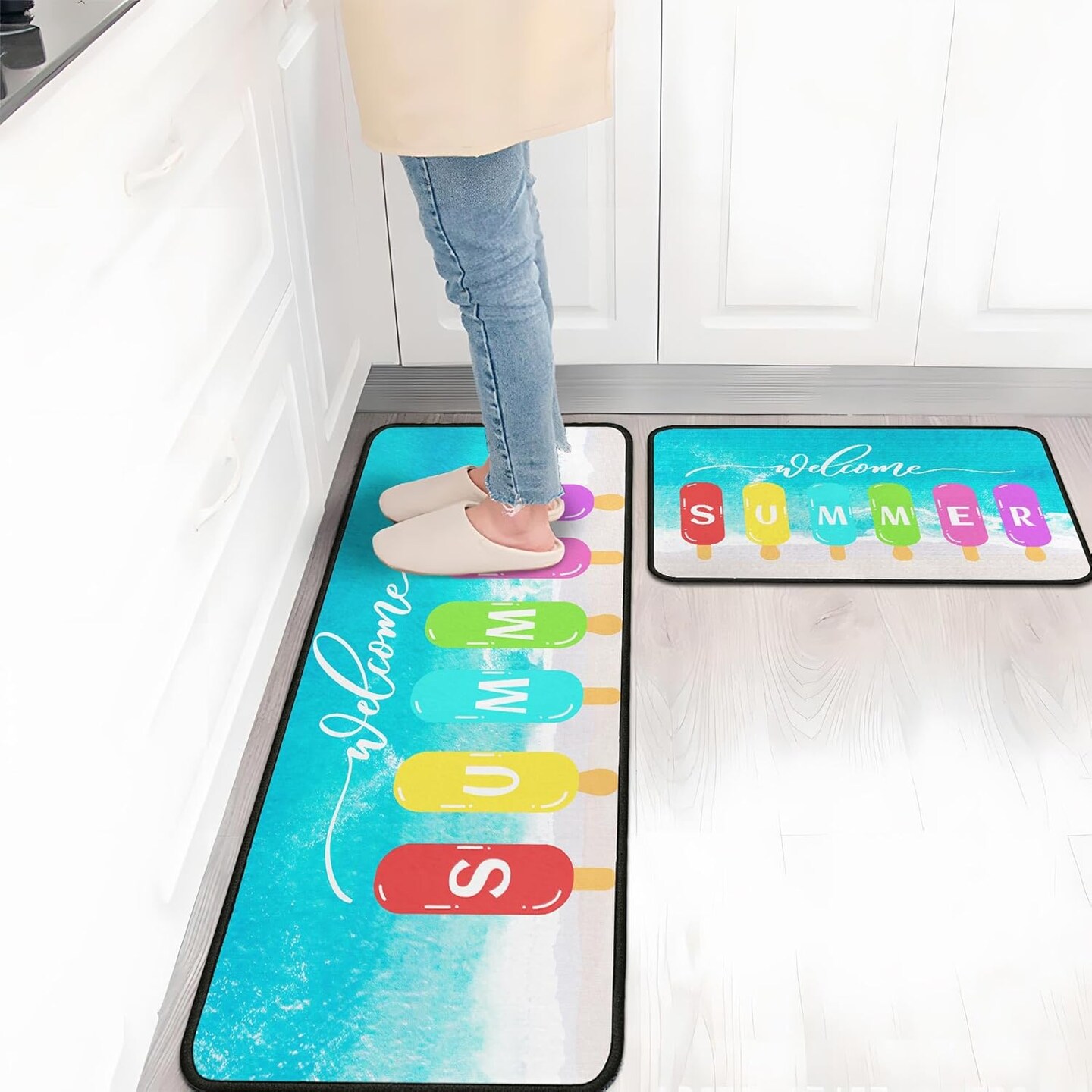 Summer Kitchen Rugs and Mats Set of 2, Non Slip Backing Welcome Coastal Kitchen Rug Summer Kitchen Decor Seasonal Holiday Ocean Home Decorations Kitchen Floor Mat 17&#x22;X47&#x22;+17&#x22;X30&#x22;