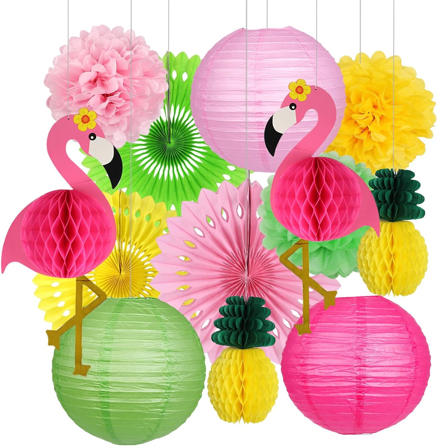Flamingo Party Supplies, Hawaiian Party Decorations Flamingo and Pineapple Honeycomb Ball Paper Lanterns Paper Fans Pom poms Flowers for Birthday Luau Tropical Bachelorette Party