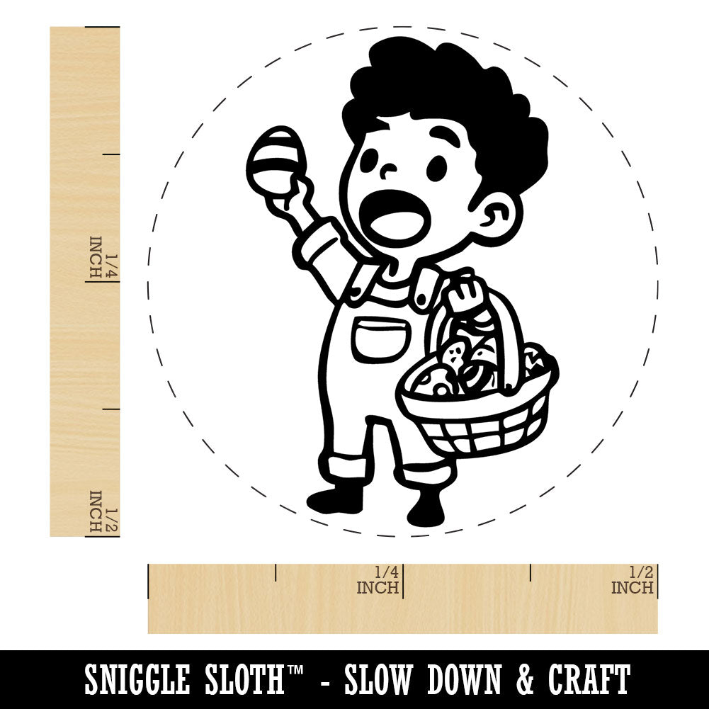 Boy with Basket Finding Easter Egg Hunt Self-Inking Rubber Stamp for Stamping Crafting Planners