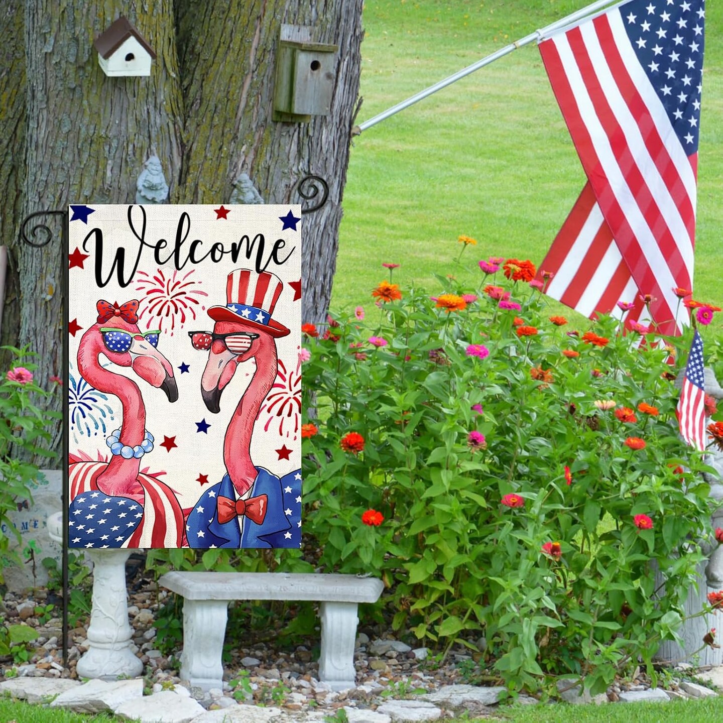 4th of July Garden Flags for Outside, Patriotic Flamingo Yard Decoration, Small Seasonal Outdoor Decor for Summer Independence Day, Memorial Day,Veteran&#x27;s Day Farmhouse Holiday,12x18 Inch Double Sided