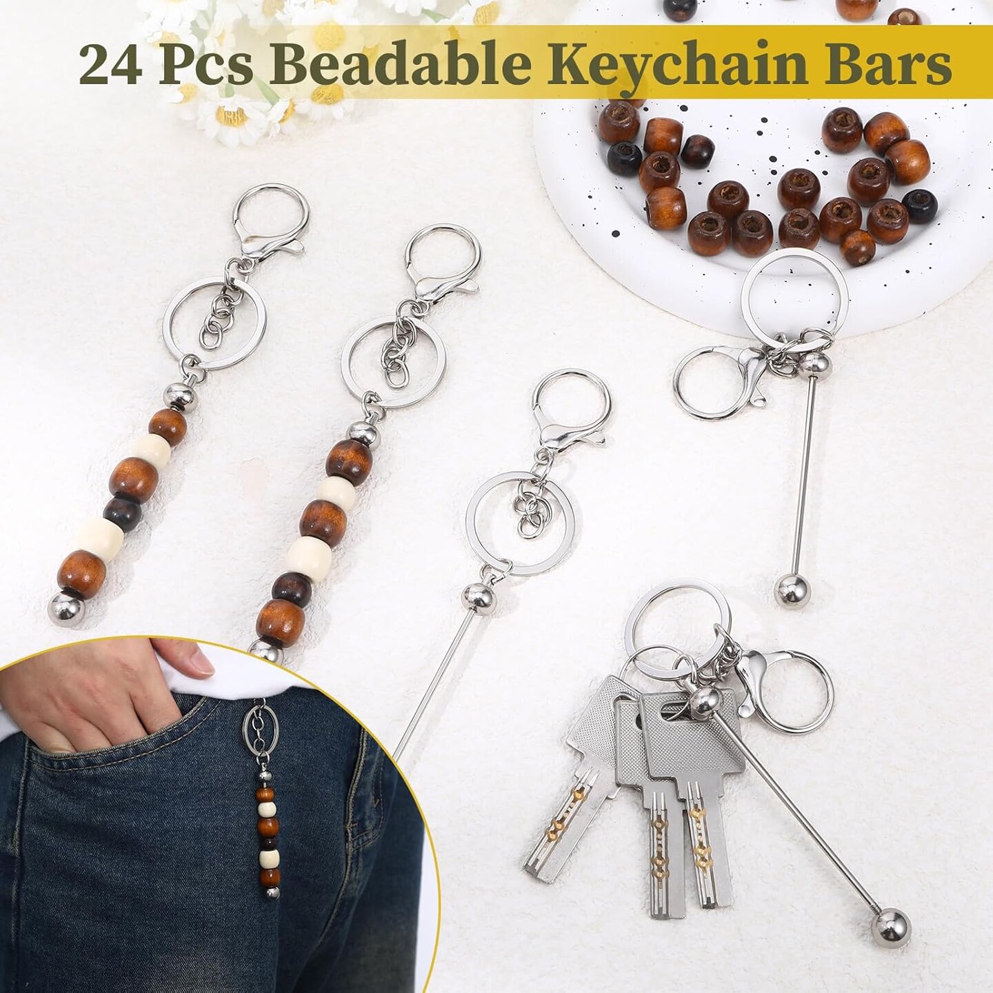 24 Pcs Metal Beadable Keychains, Blank Keychain Making Kit for Craft DIY Gifts,Creative Deaded Keychain Gifts for Women Men,Beadable Keychains Bars DIY for Beads
