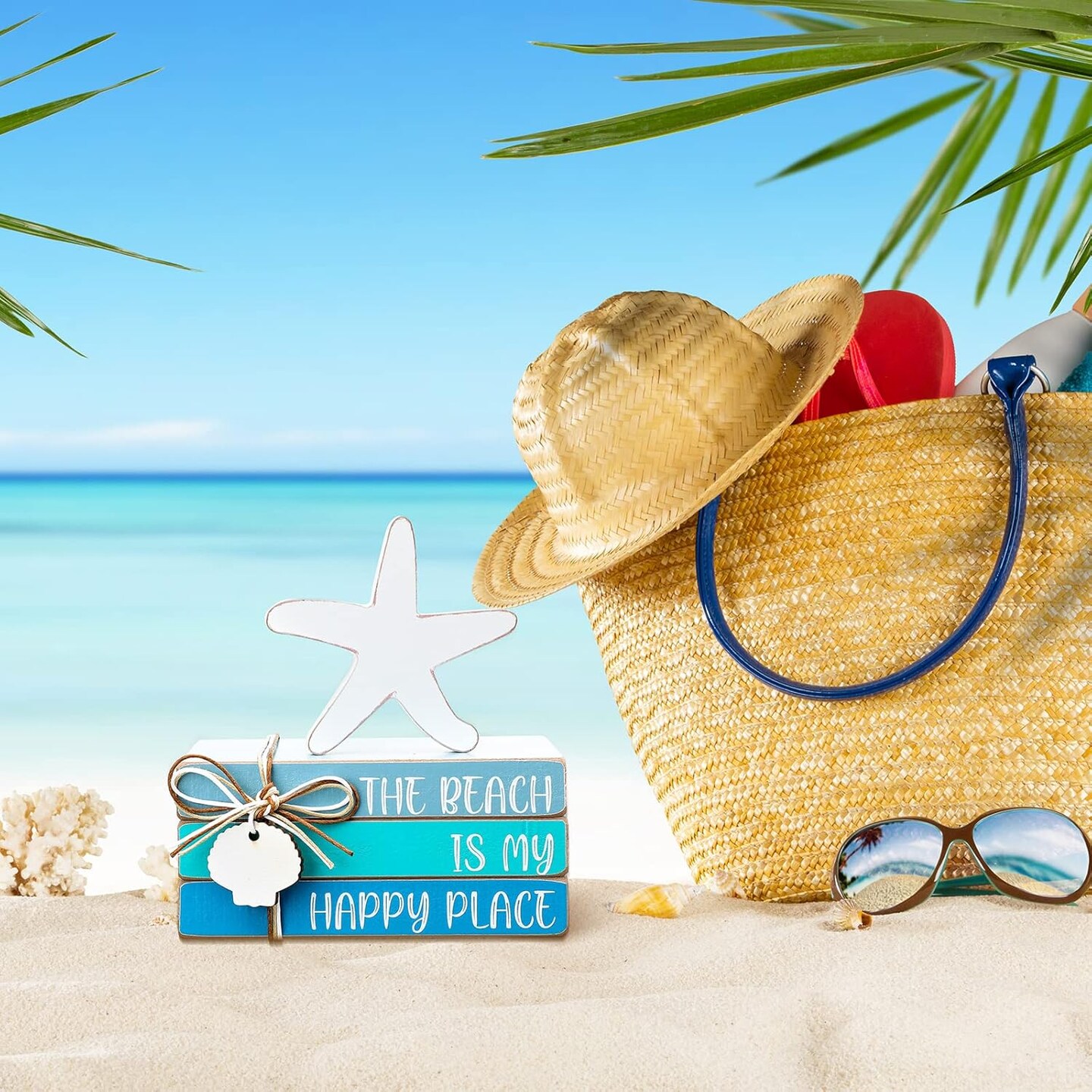 4 Pcs Starfish Shell Beach Tabletop Beach Blue Wooden Book Decor Wood Stacked Book Table Centerpiece for Summer Rustic Farmhouse Home Living Room Decorative(Starfish Shell)