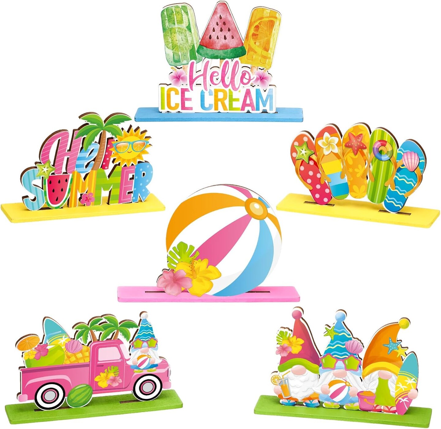 6 Pcs Hello Summer Table Decorations Sign Summer Gnome Wooden Table Centerpieces Beach Hawaii Table Decor Ice Cream Colorful Table Topper Sign