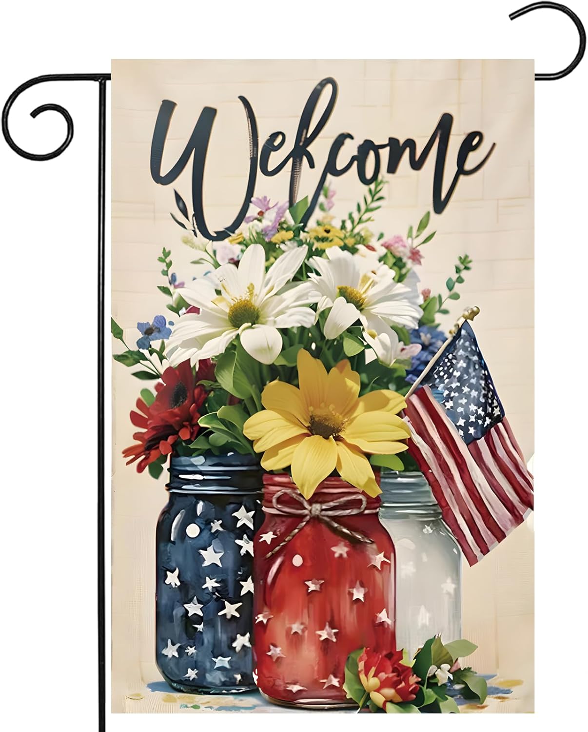 4th of July Mason Jar Flowers Summer Garden Flag 12x18, Patriotic Celebration Double-Sided Decorative Burlap Yard Flag
