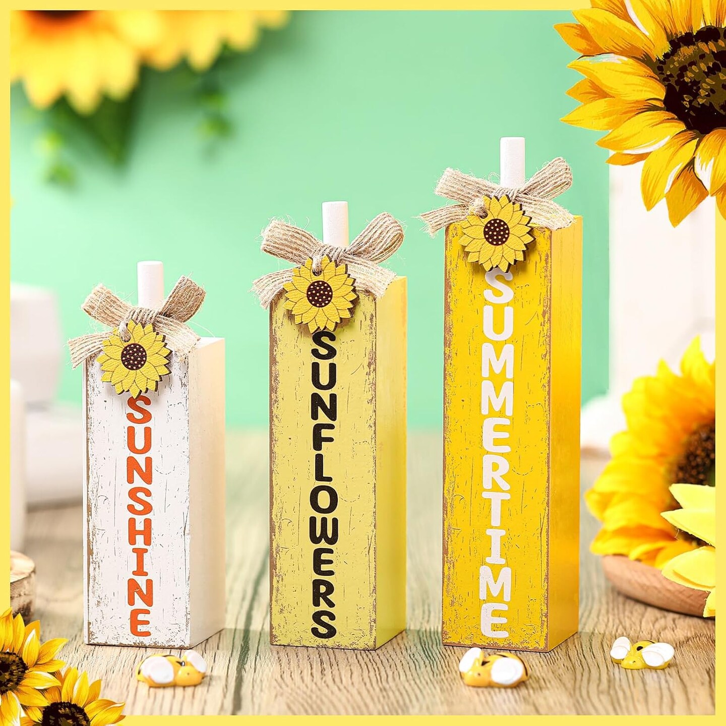 3 Pcs Sunflower Table Decor Summer Wooden Block Sign Summer Tiered Tray Decor Rustic Farmhouse Sunflower Wood Tabletop Centerpieces for Home Kitchen Shelf Office Decorations