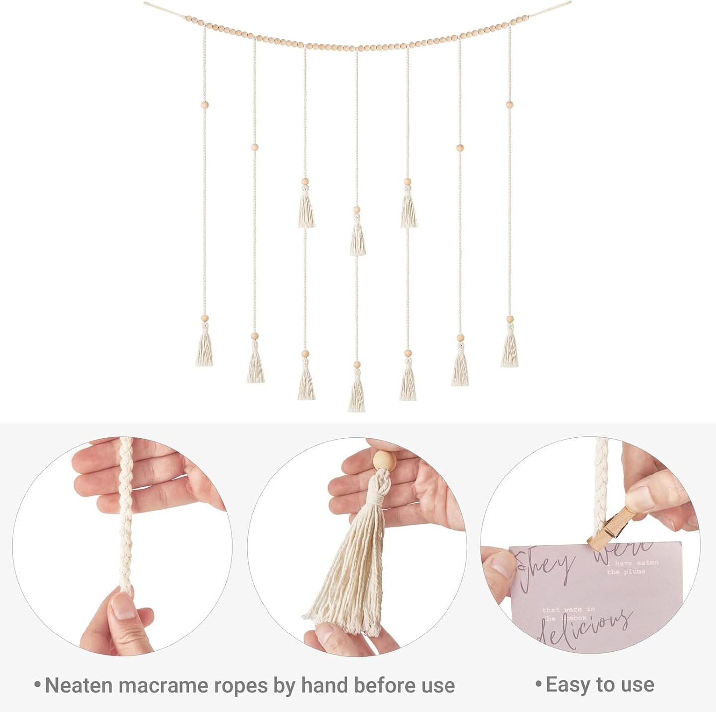 Macrame Hanging Photo Display Wall Decor with String Lights Boho Room Bedroom Wooden Beads Garland Picture Holder with 30 Clips