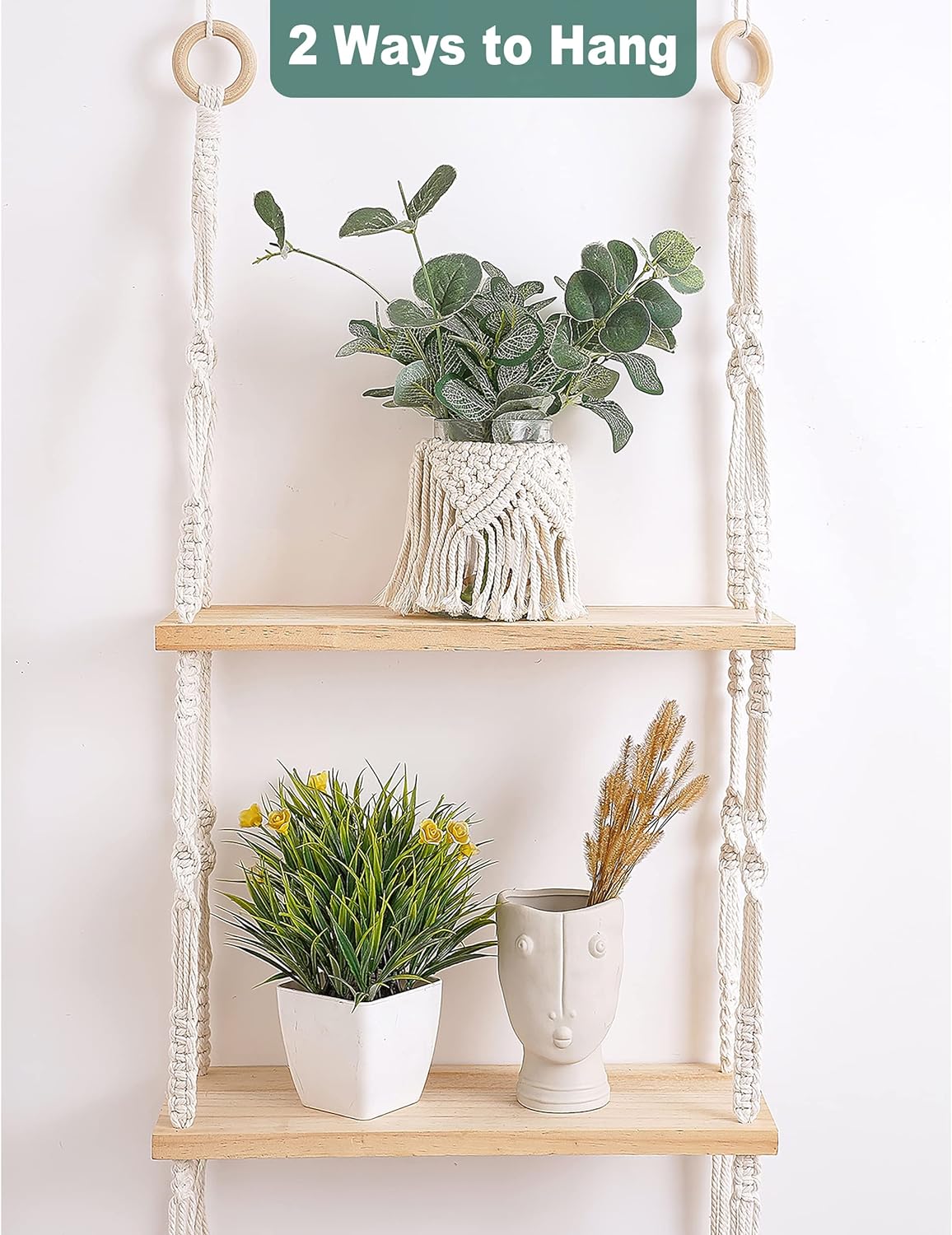 Boho 3-Tier Wooden Plant Shelves - Macrame Wall Hanging Storage for Apartment, Bathroom, Living Room, Bedroom