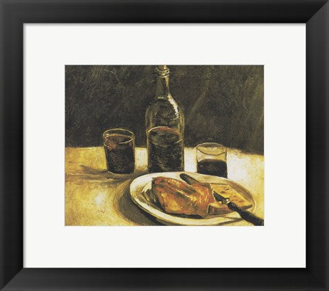 Framed Art Still Life with Bottle, Two Glasses, Cheese and Bread by Vincent Van Gogh Wall Decor 18x24 Artwork
