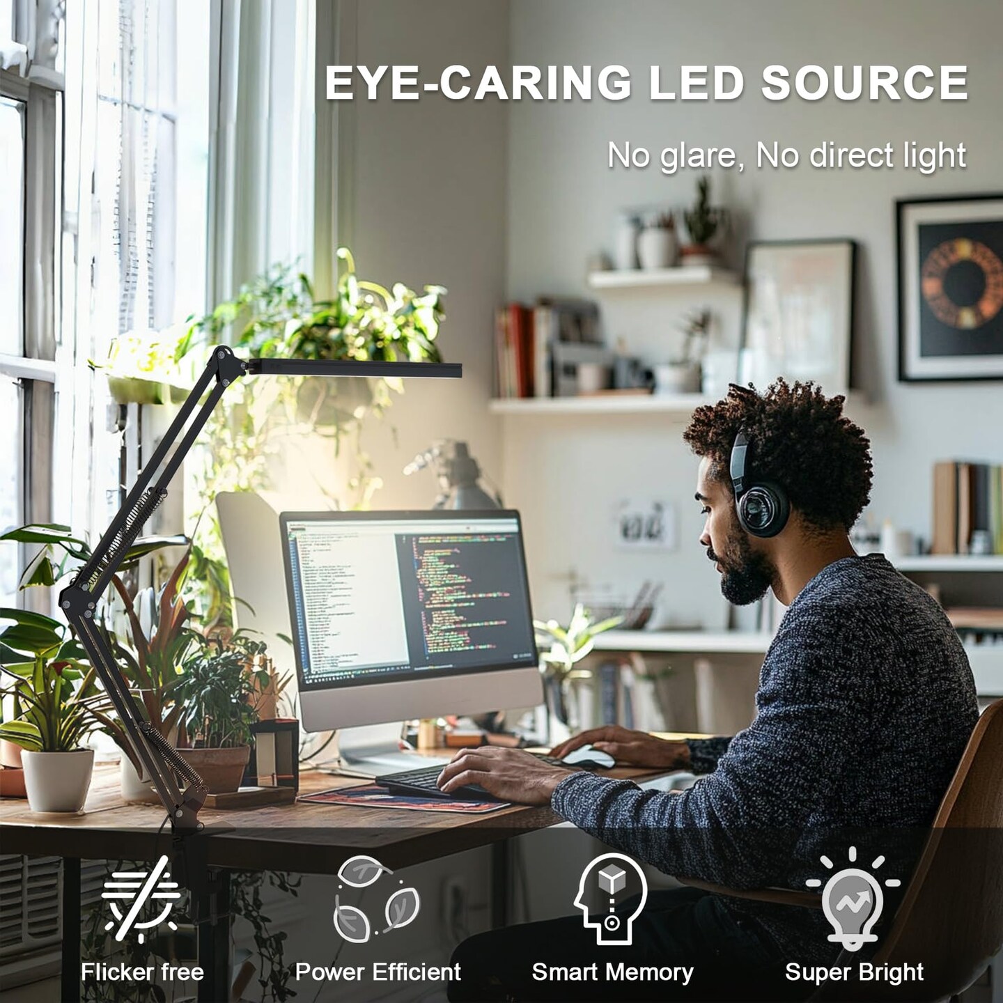 LED Desk Lamp for Home Office, Clamp-On with 5 Light Modes &#x26; Auto Shut Off | 14W Adjustable Brightness 5000K Eye-Caring Lighting for Study/Bedroom/Computer Desk