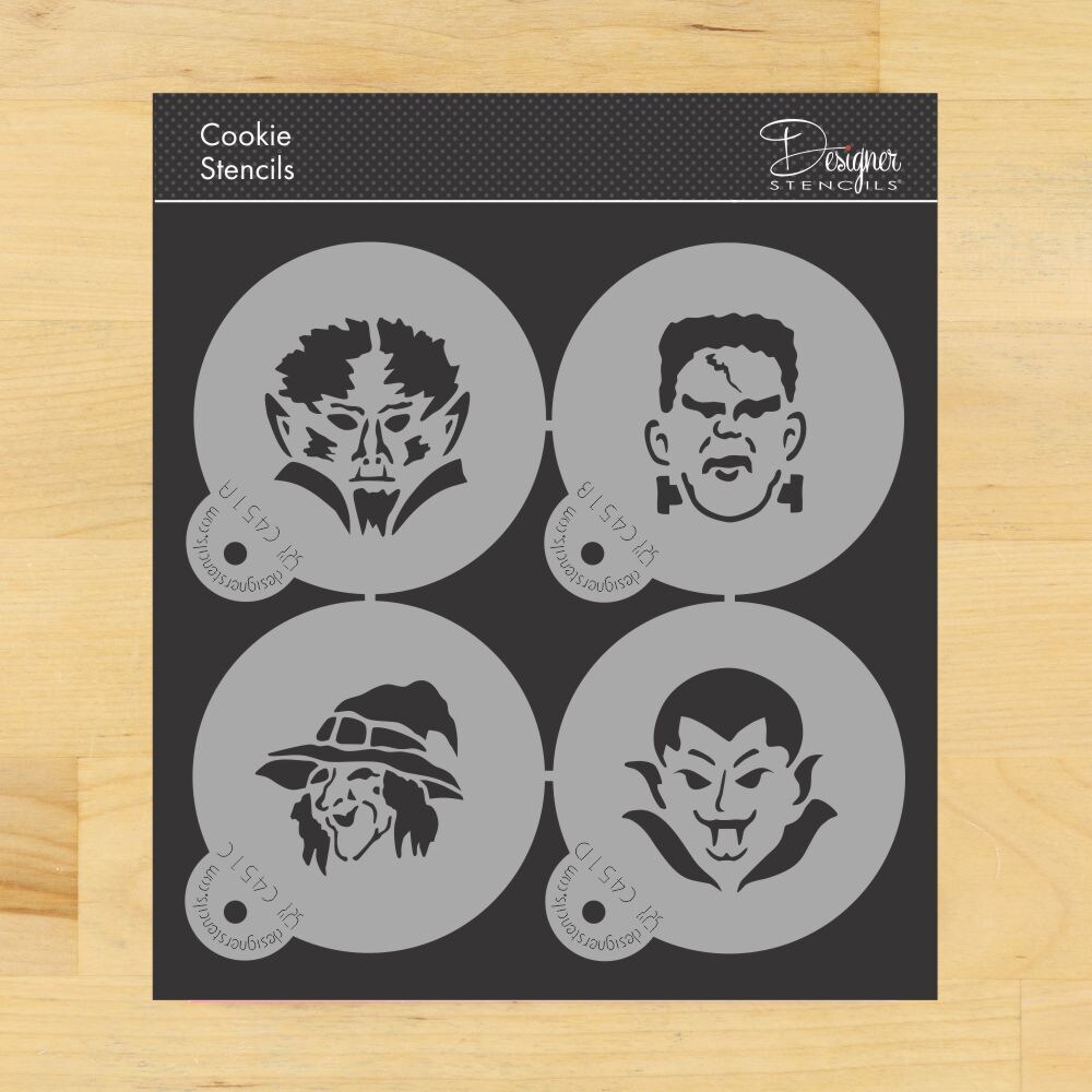 Halloween Cookie Monster Faces Cookie Stencils: Frankenstein, Witch, Dracula, Werewolf | C451 by Designer Stencils |