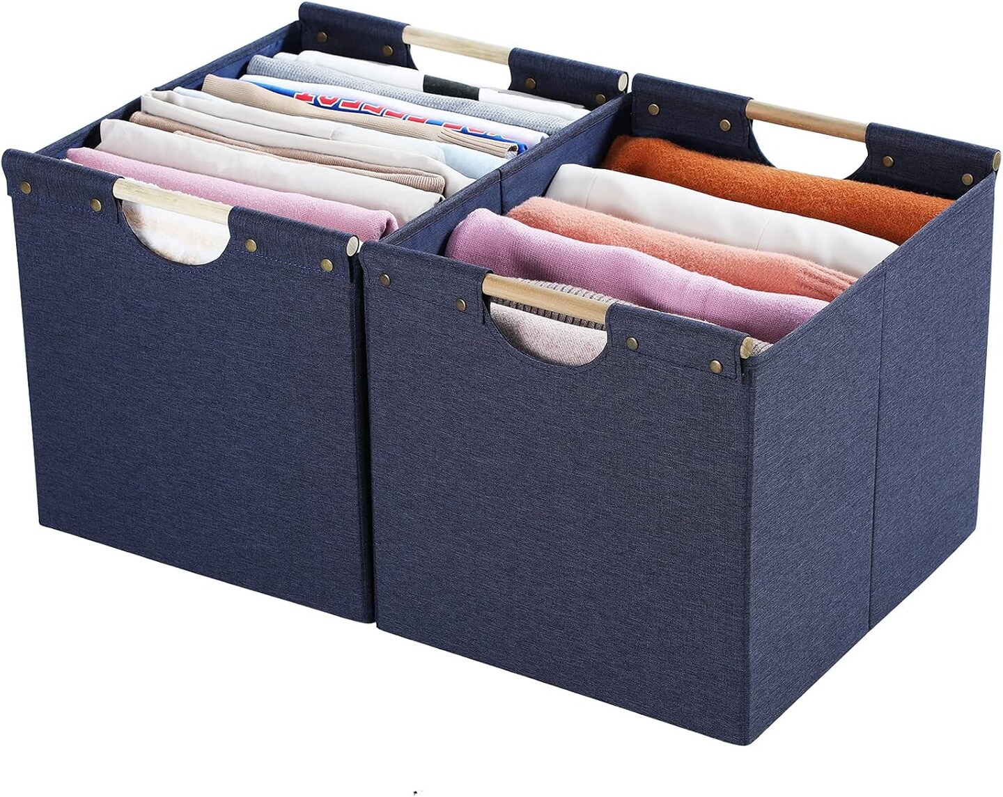 Large Foldable Storage Bins, Linen Fabric, Pack of 2, Storage Baskets with Wooden Carry Handles and Sturdy Heavy Cardboard