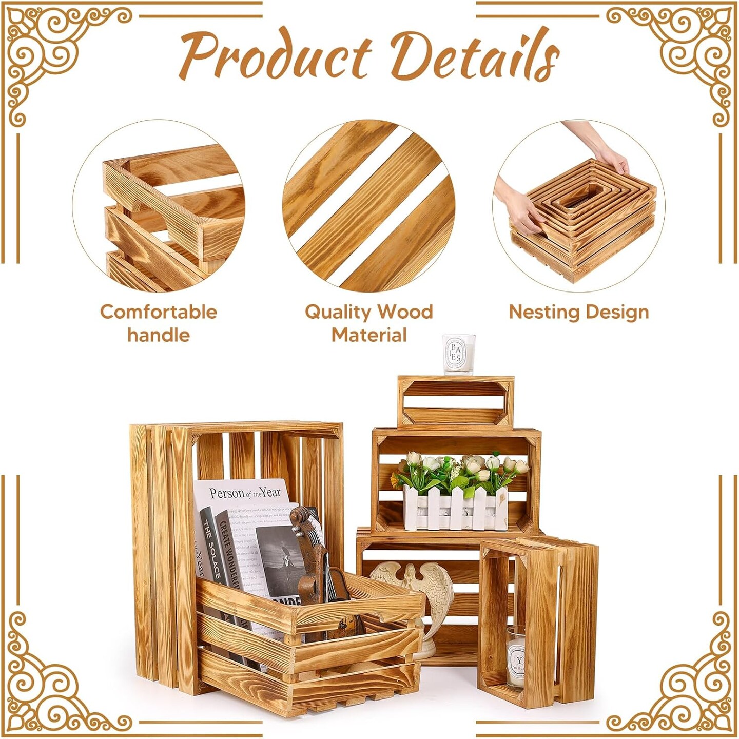 Set of 6 Decorative Wood Crates Nesting Storage Container, 6 Size Farmhouse Decorative Wooden Storage Boxes, Rustic Wooden Crates for Storage, Display, Decorations