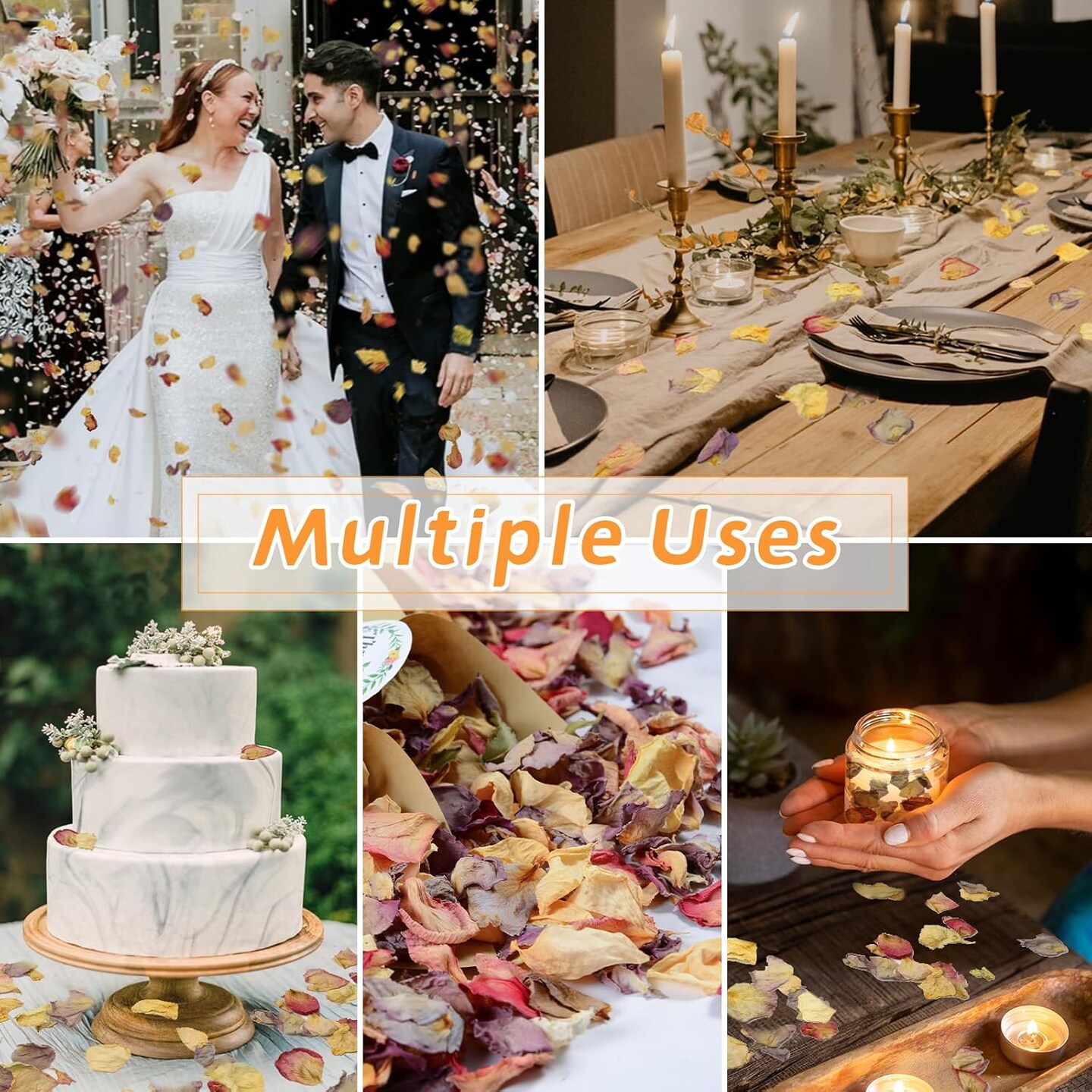 20+ Cups Real Rose Petals Biodegradable Wedding Flower Confetti, 2 QT Mixed Yellow Purple Pink Dried Roses Petals for Wedding