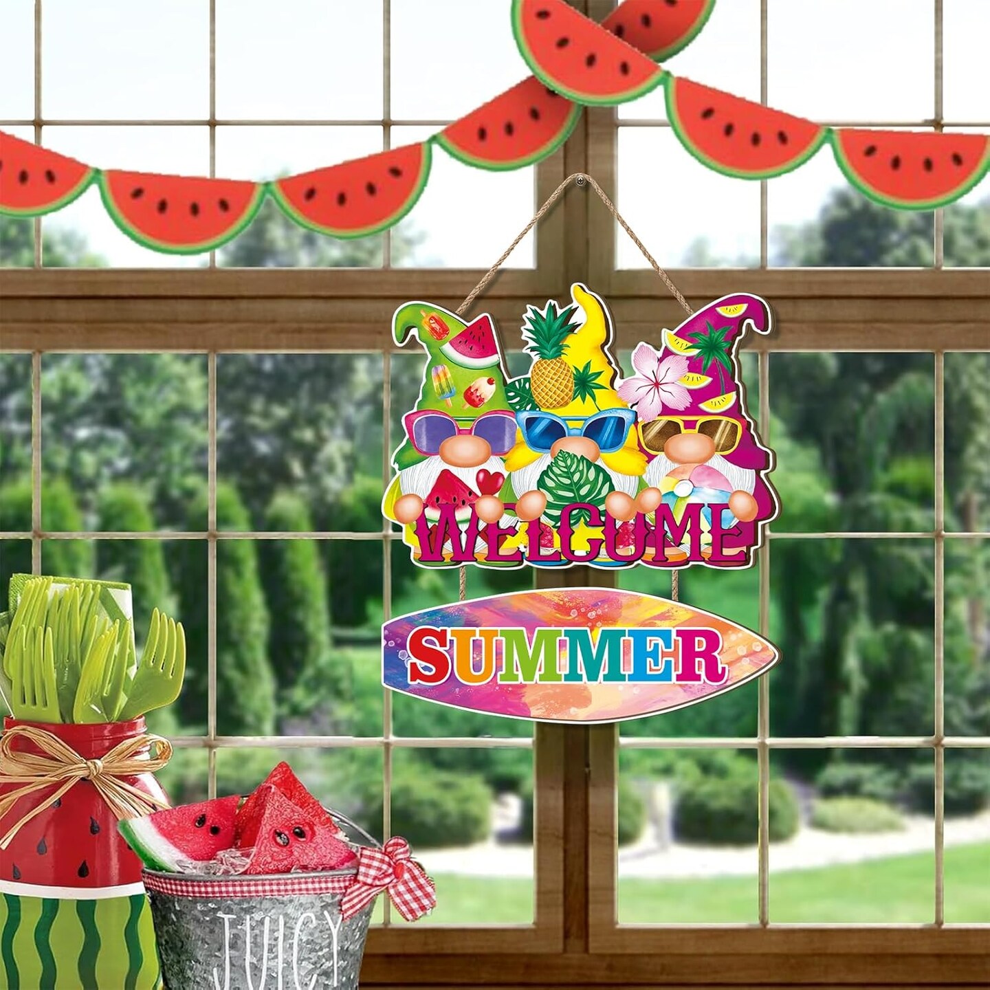 Summer Welcome Sign,Hello Summer Door Hanger,Gnomes Wall Decor for Front Door,Gnome Welcome Sign,Tropical Fruit Pool Beach Wall Decoration for Outdoor Farmhouse Indoor Porch Yard Office