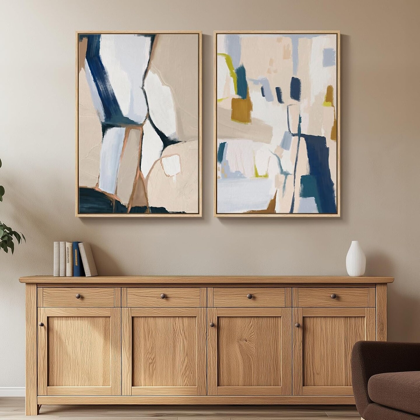 Large Framed Neutral Abstract Wall Art for Living Room, Set of 2 Bright Modern Canvas Prints Paintings Artwork for Walls, Colorful Abstract Pictures for Hallway Stair Bedroom Office Wall Decor 24x36 In