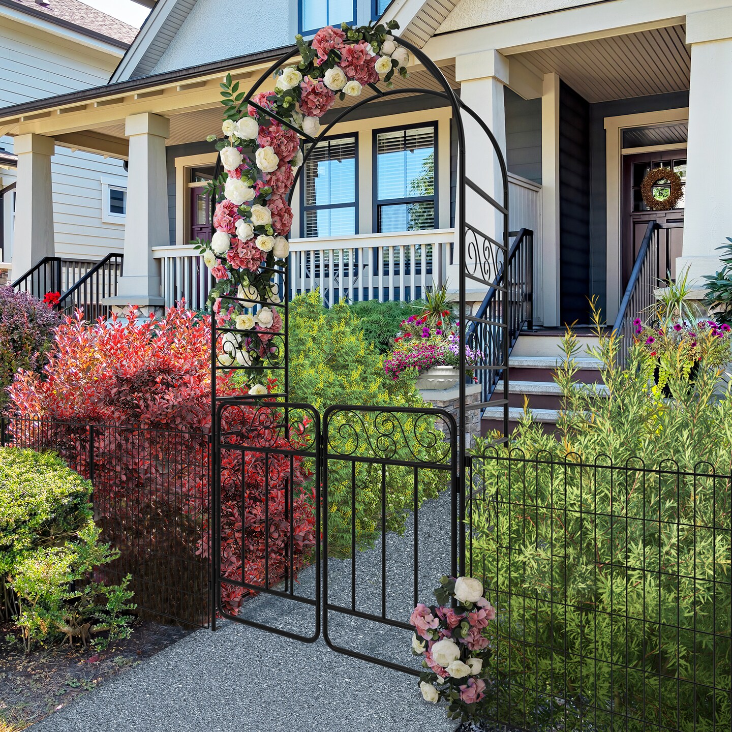 7.2FT Garden Arch Arbor with Gate, Heavy Duty Metal Outdoor Arbour Archway for Climbing Plants, Rust-Resistant Steel Wedding Arch for Patio, Ivy Roses Vines, Lawn Yard Landscape Decoration