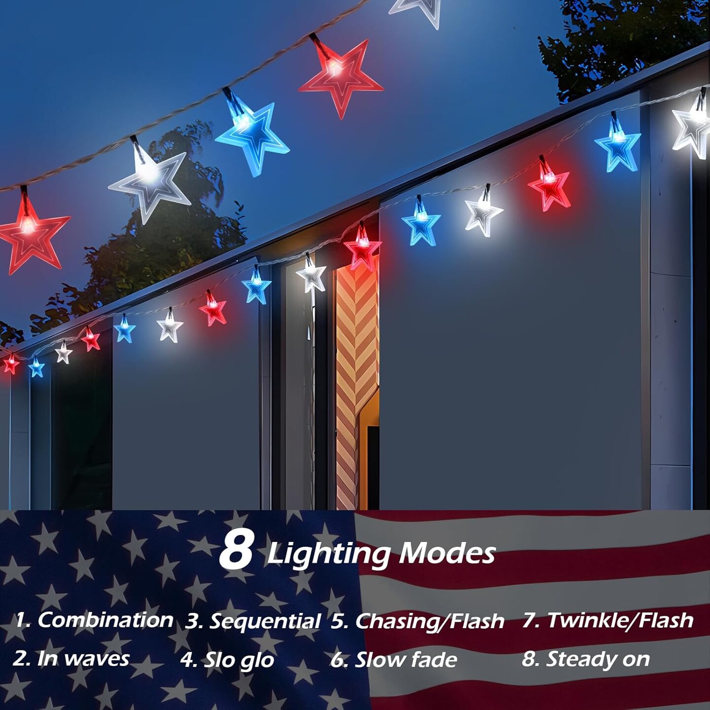 4th of July Decorations Star Lights, 45FT 90Led Red White and Blue String Lights with 8 Modes, Battery Operated & USB Charge Patriotic Lights for Indoor Outdoor Garden, Golf, Cart Memorial Day Decor