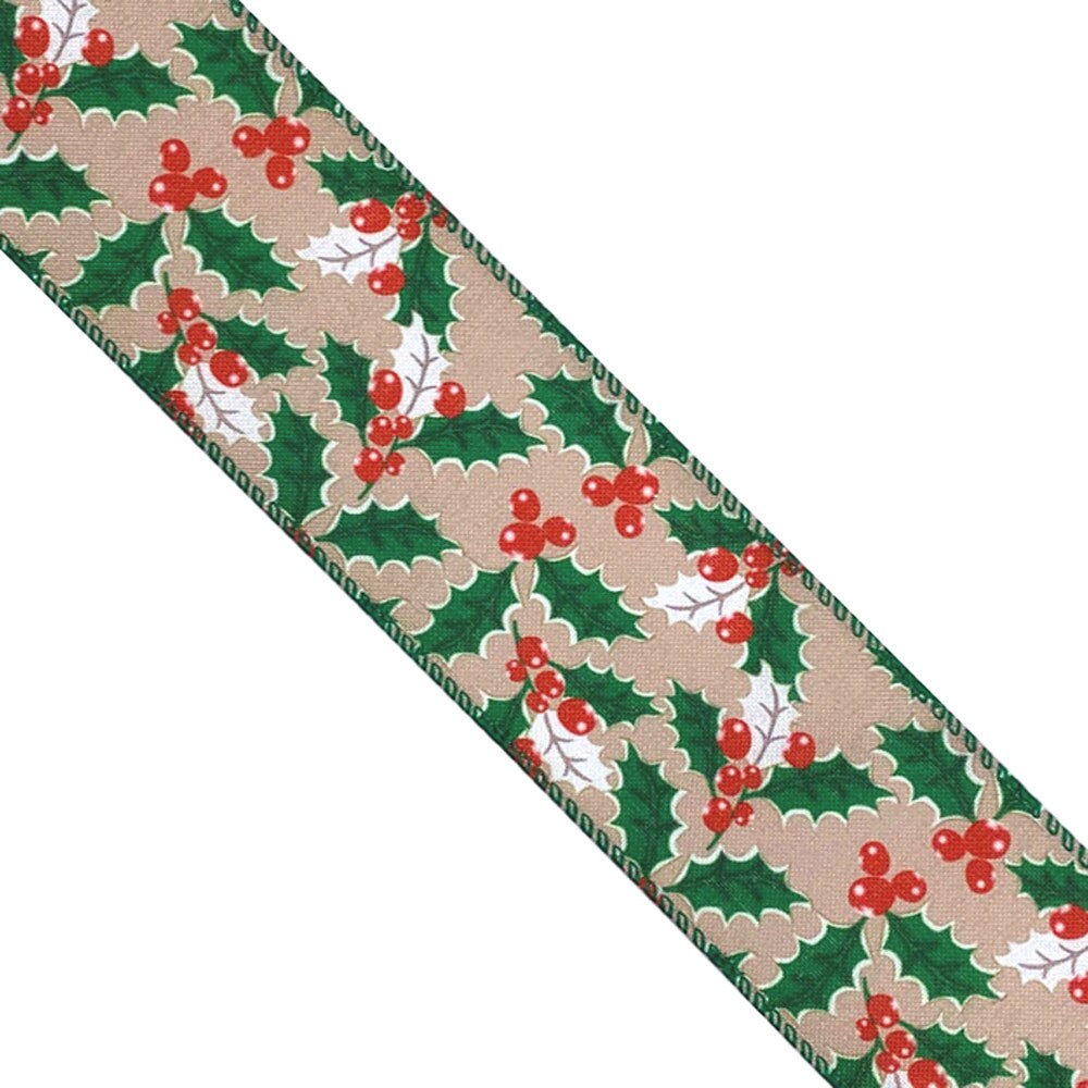 Designer&#x27;s Shop Holiday Holly Berries wired edge ribbons WR 63-5102, 2.5&#x22; x 10 yards