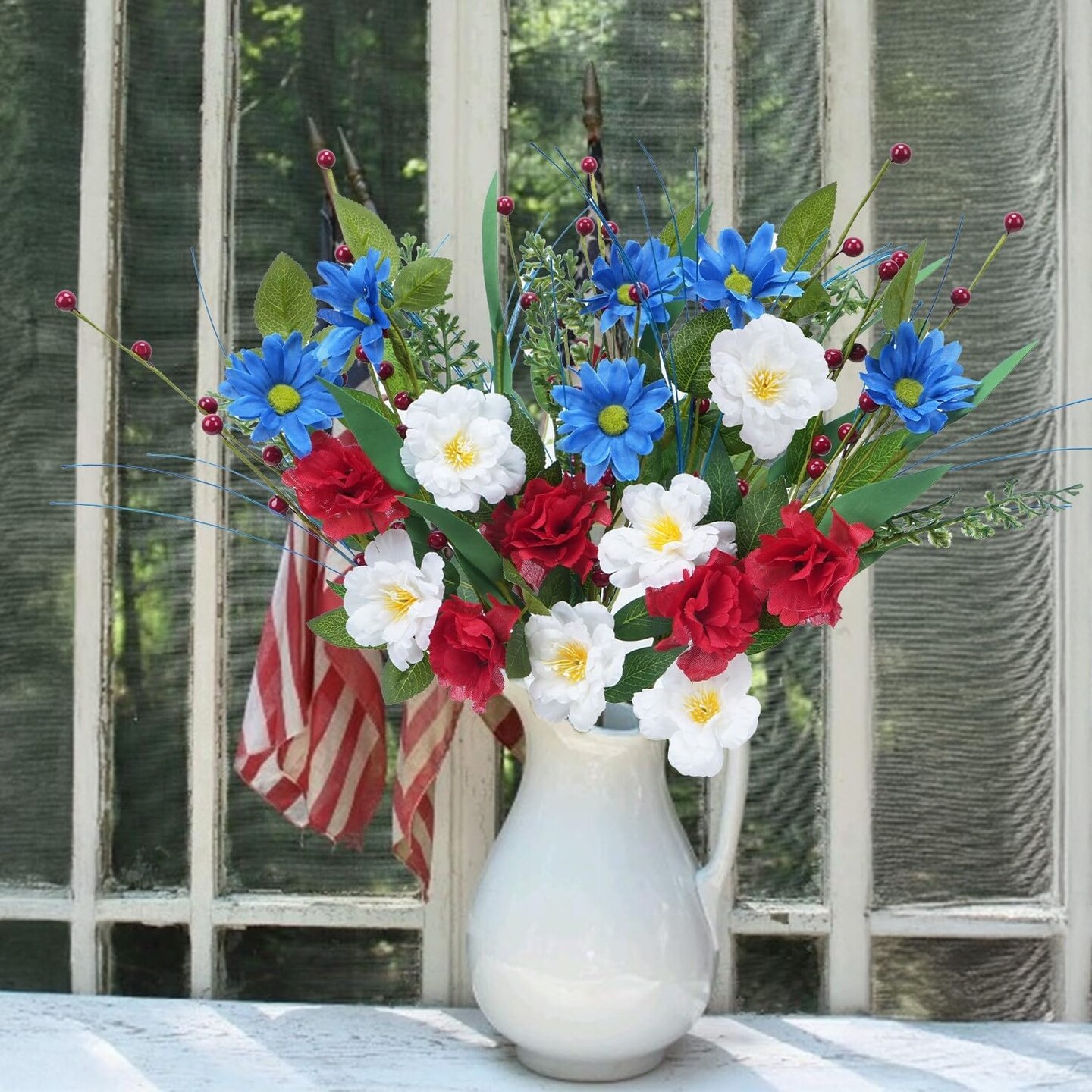 6 Pcs 4th of July Decorations Patriotic Memorial Bouquet 19.69&#x27;&#x27; Red White and Blue Decorations Flowers with Pampas Patriotic Decor for Easter Independence Day
