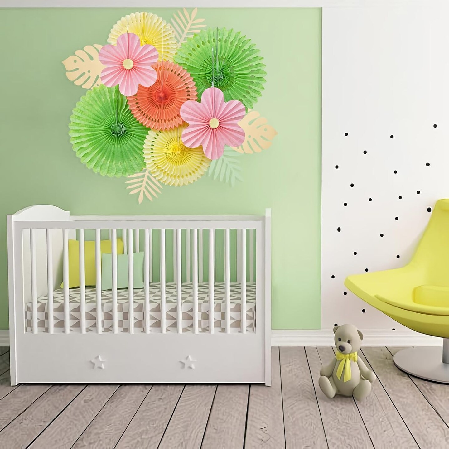 Paper Flowers Pink and Green Party Decorations Hanging Fans Spring Summer Decor for Wall Wedding Backdrop Bridal Shower Birthday - 9Pcs