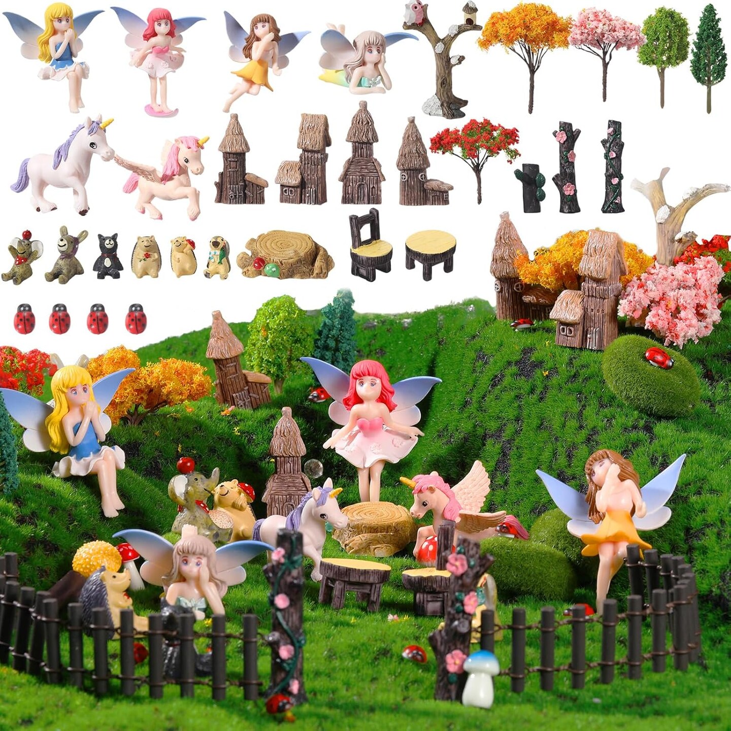 58 Pcs Miniature Garden Set Flower Angel Fairy House Animals Trees Diorama Supplies Fairy Village Mini Terrarium Figurines Micro Landscape Ornaments