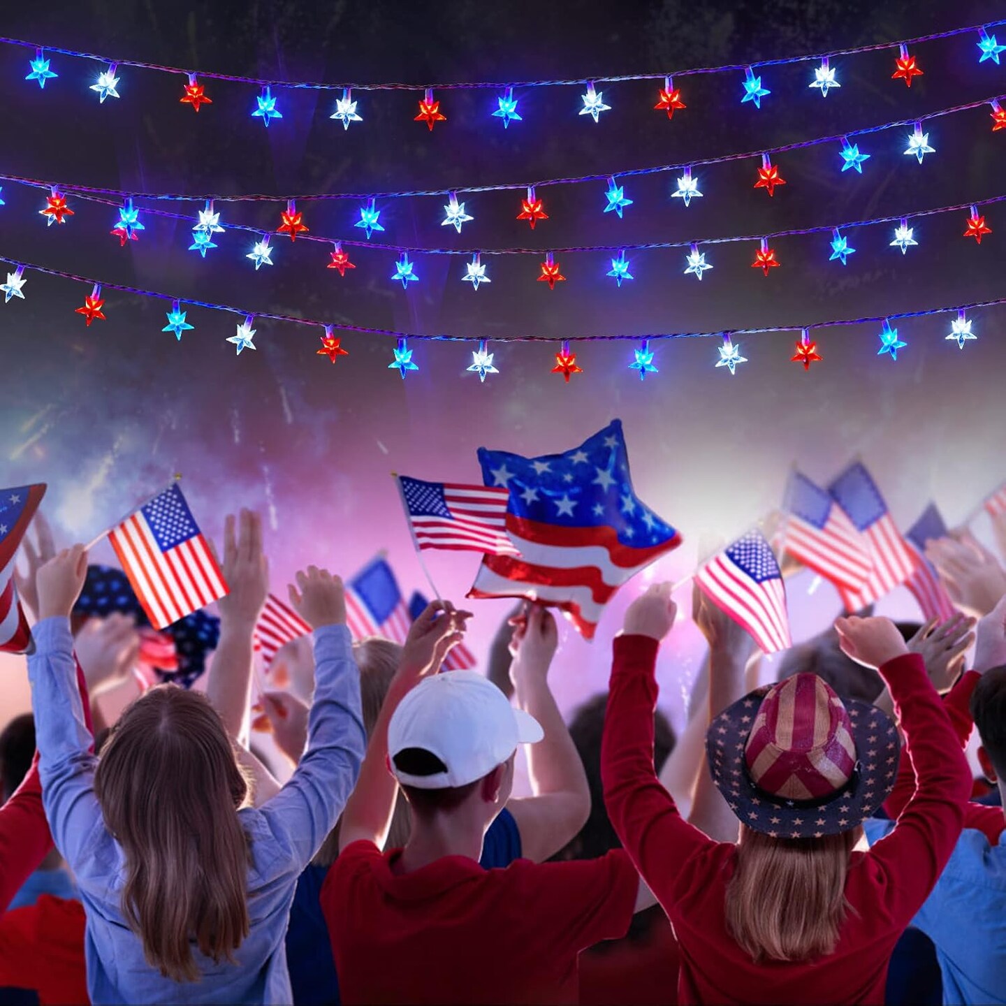 50-LED Patriotic Star String Lights - 17ft Waterproof Red, White, and Blue Star Fairy Lights - Connectable Outdoor Decor for 4th of July, Memorial Day, and 2026 Sestercentennial Celebrations