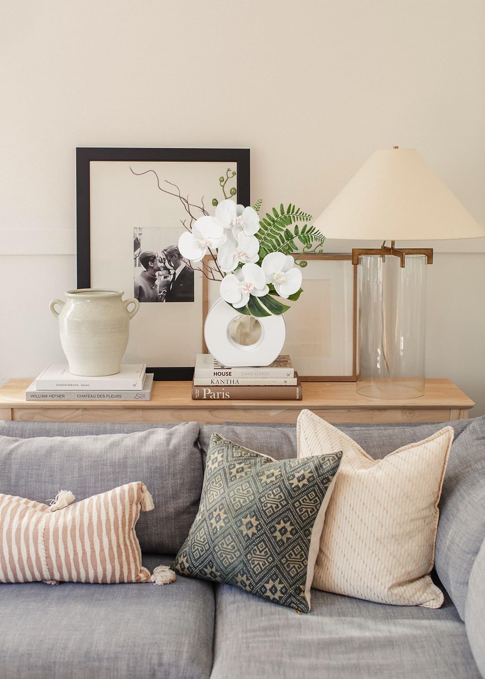 Orchid Artificial Flowers 16.1'' White Orchid Silk Flowers with Ceramic Vase Faux Orchid Arrangement for Home Office Table Centerpiece Indoor Decoration