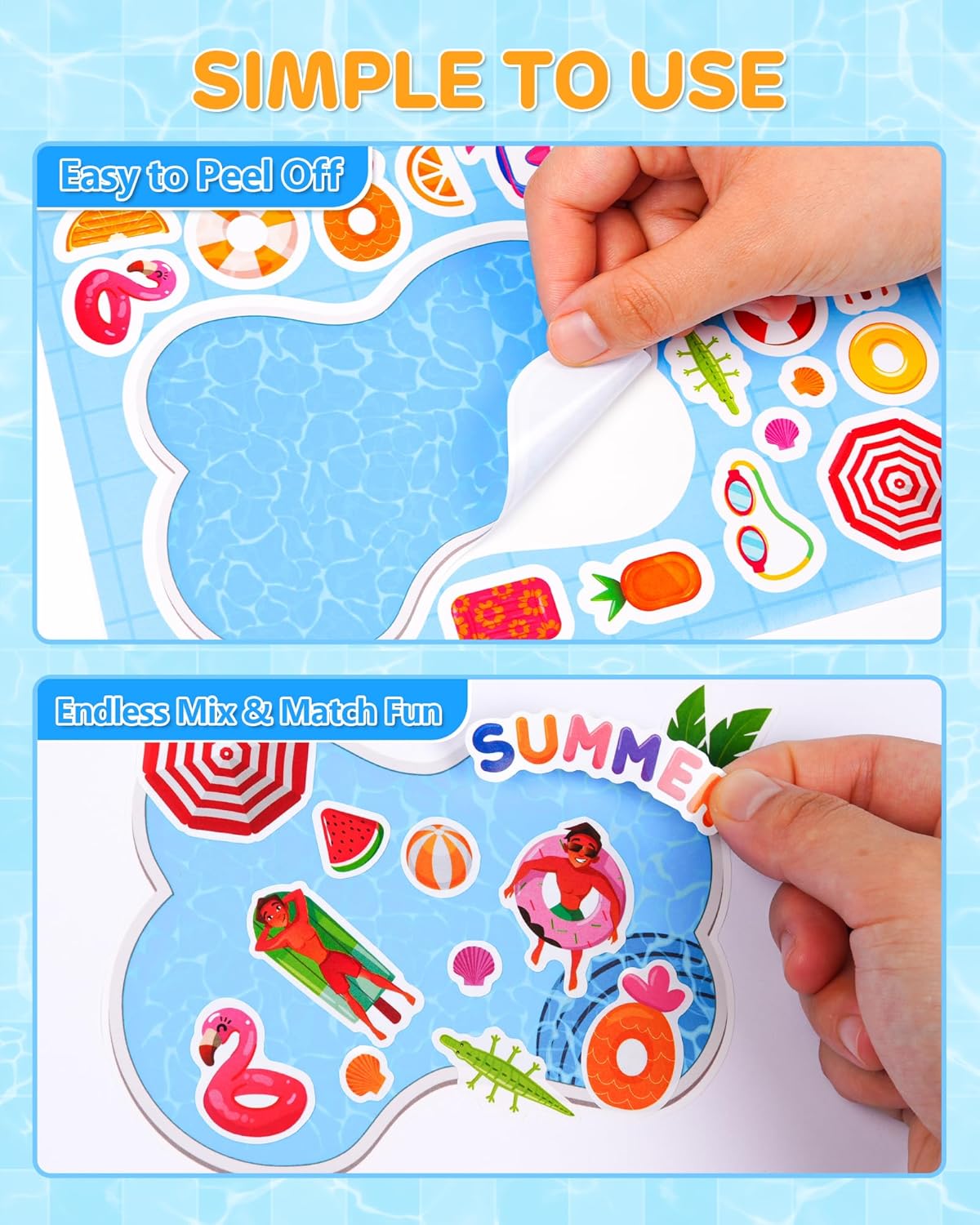 32 Sheets Make‑a‑Pool Stickers for Kids – Mix & Match Craft Kit – Summer Party Favors & Activities