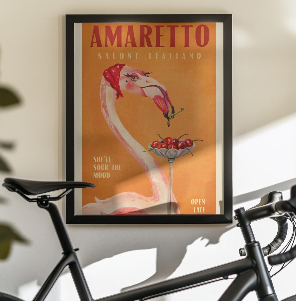 Amaretto Flamingo Art Deco Italian Cafe Travel Art - The Whiskey Ginger 24x36 Black Framed Art | Home or Office Art