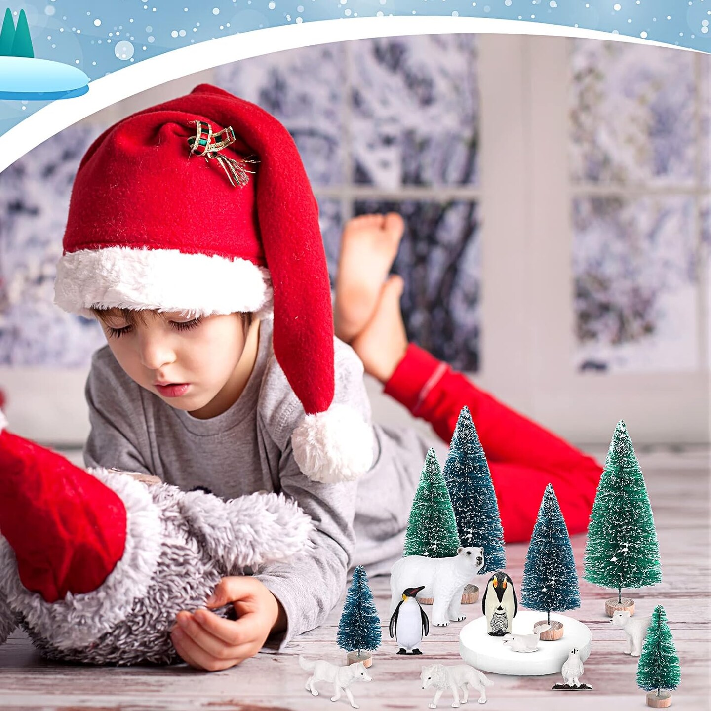 19 Pcs Arctic Animals Figurines Set Includes 9 Polar Animals Figurines 6 Mini Pine Trees 1 Foam Boards 1 Fake Snow Blanket 2 Blue Tissue Paper