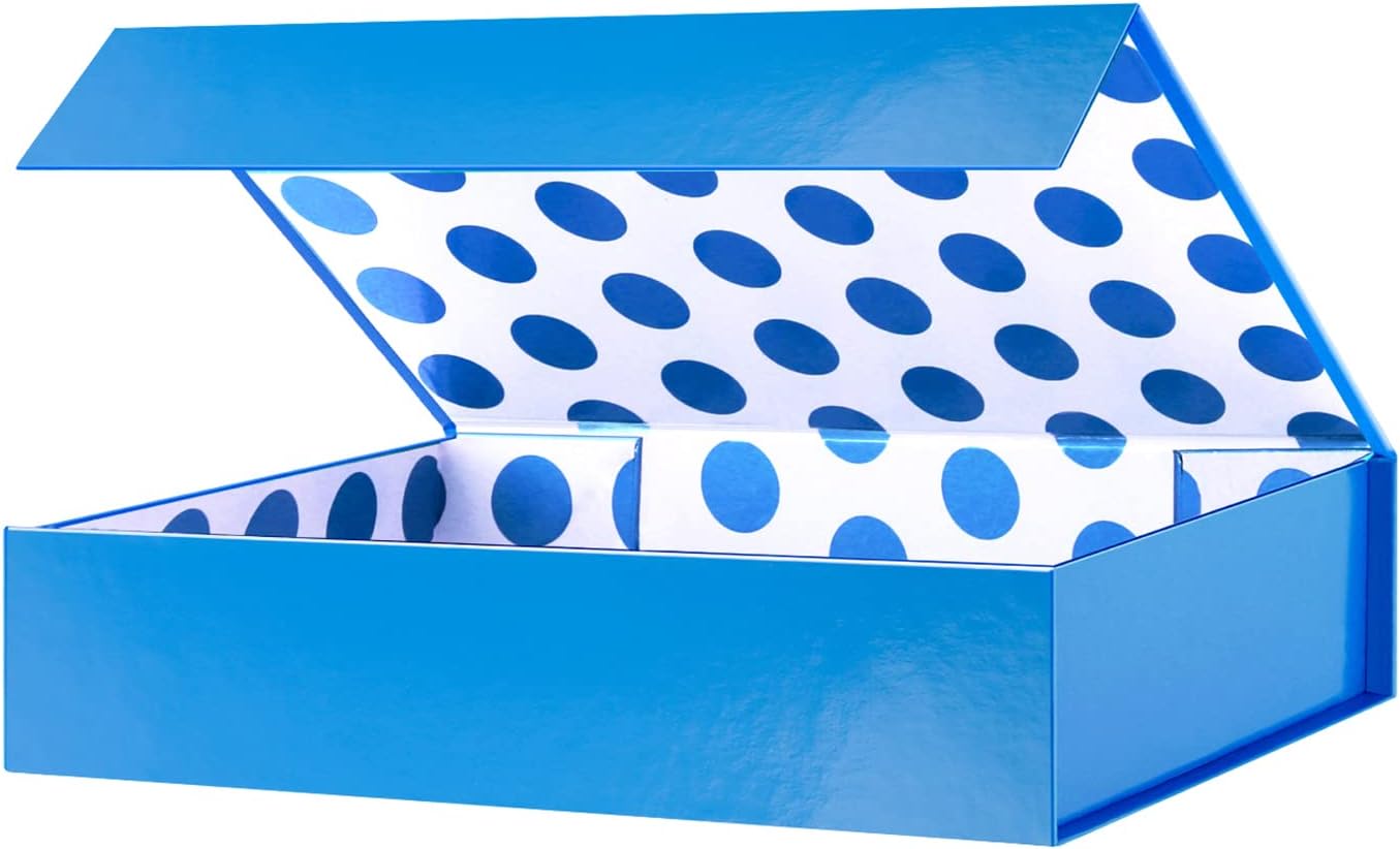 Blue Gift Box with Lid for Presents, Magnetic Shirt Gift Boxes for Clothes (Glossy Metallic Blue, Polka Dot Design Inside)