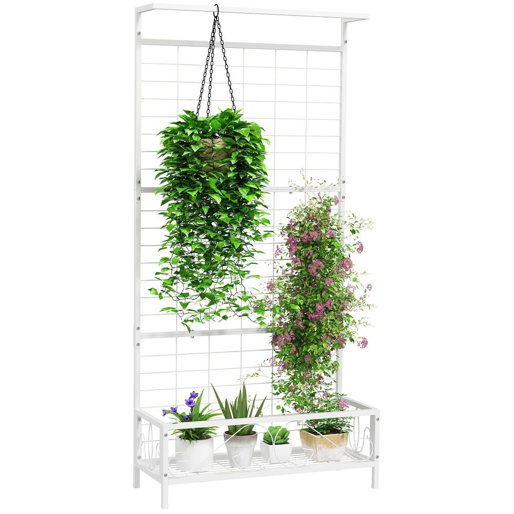 Multi-Tier Tall Metal Flower Plant Stand with Trellis & Hanging Bar