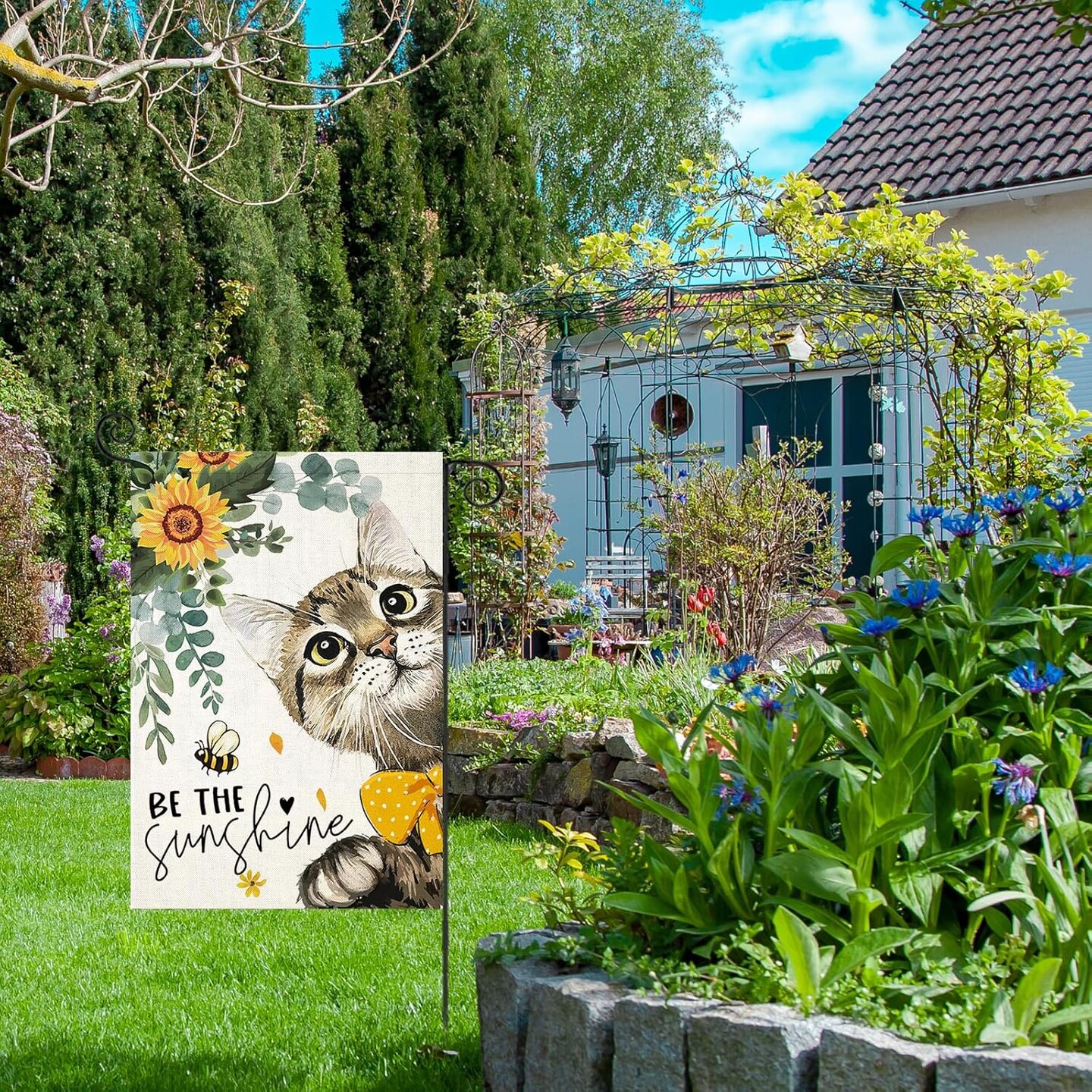 Summer Cat Garden Flag for Outside 12x18 Double Sided,Be The Sunshine Cat with Sunflowers Small Yard Flags,Spring Seasonal Decor for Farmhouse Holiday Outdoor