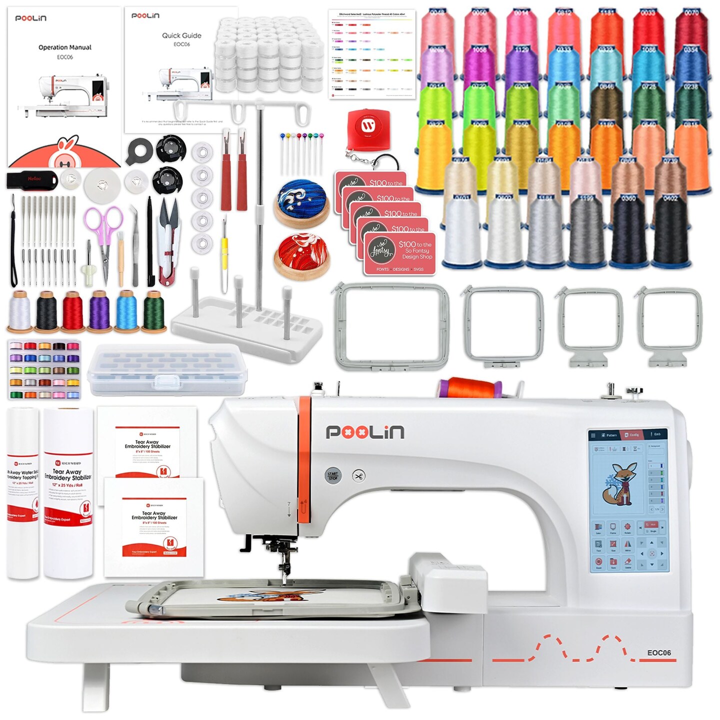 POOLIN EOC06 7.9in x 11in Embroidery Machine with Deluxe Accessory Bundle
