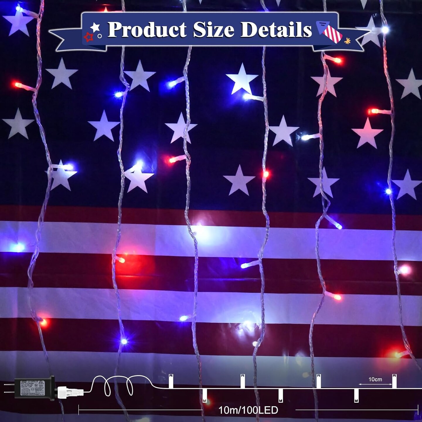 Red White and Blue Lights Outdoor, 32ft 100 LED Patriotic String Lights for 4th of July, Memorial Day, Independence Day Decor, 8 Modes Timer Waterproof Connectable