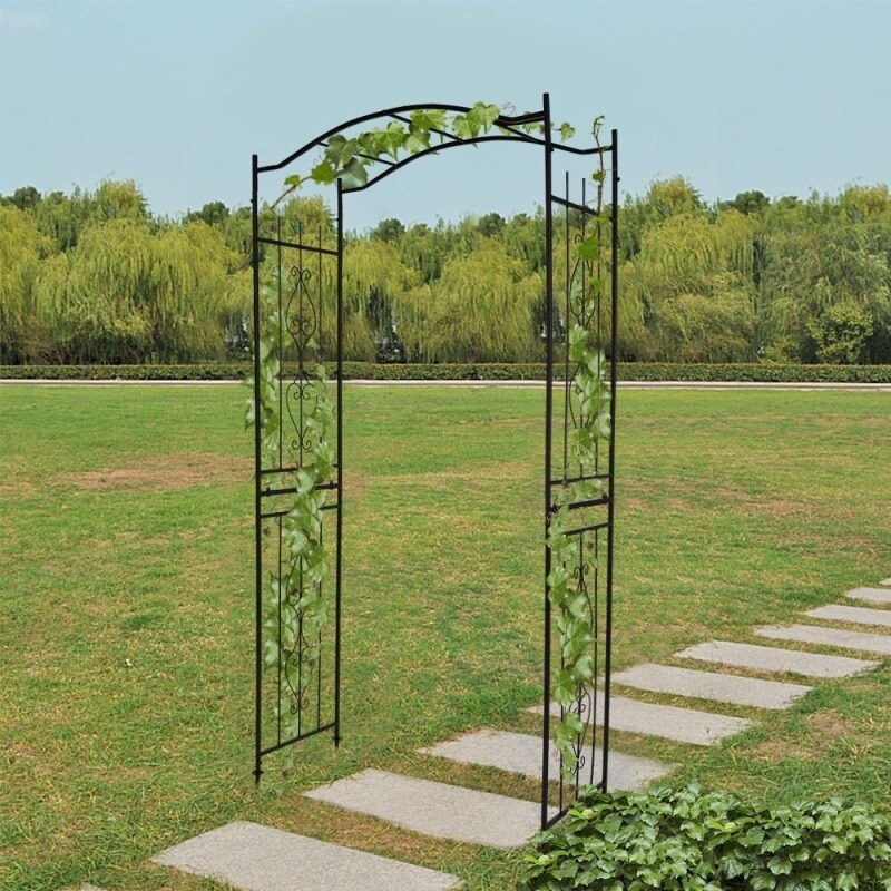 Wrought Iron Garden Arch with Bridge Roof for Climbing Plants