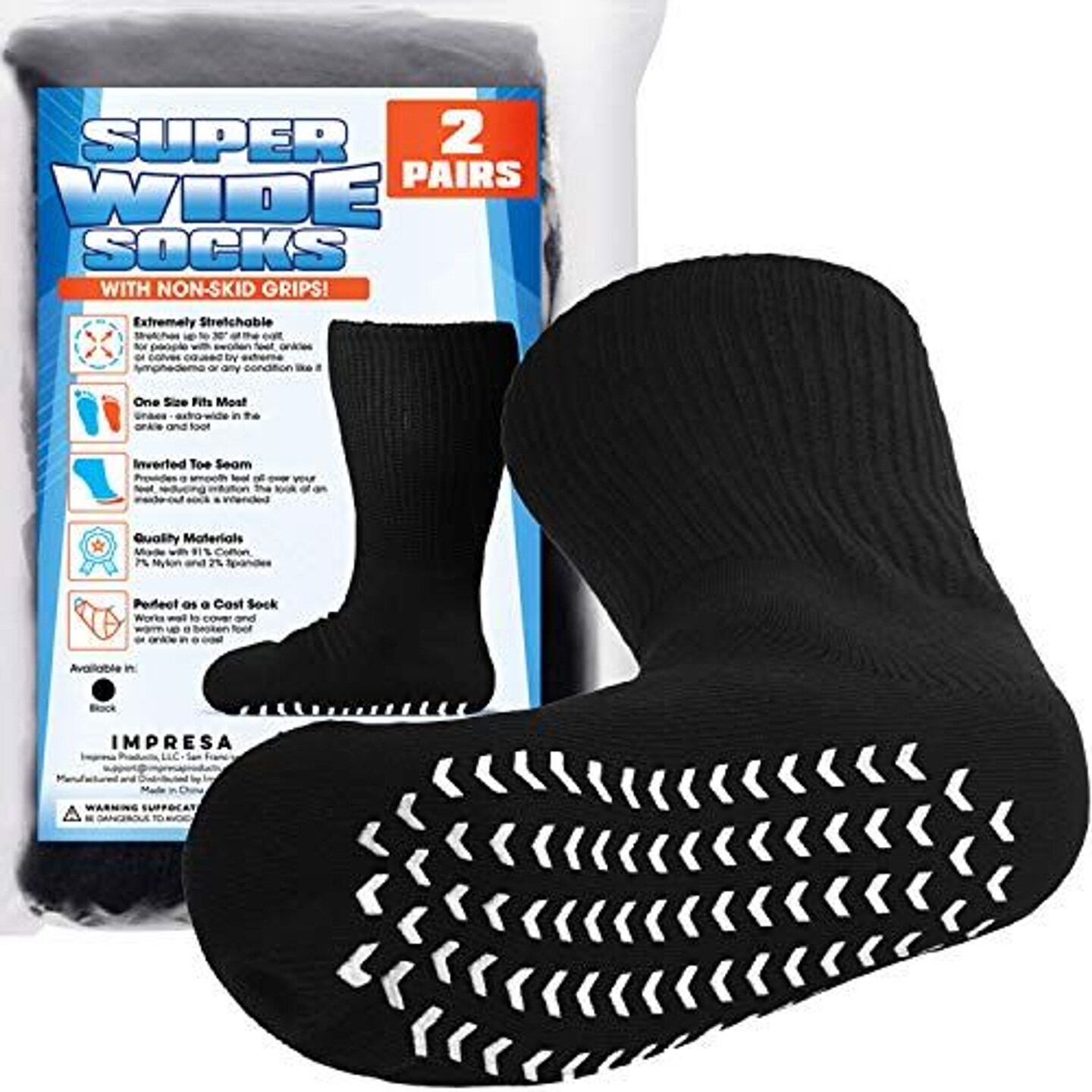 IMPRESA 2 Pairs of Super Wide Socks With Non-Skid Grips for Lymphedema - Bariatric Sock - Oversized anti-slip Sock Stretches up to 30&#x27;&#x27; Over Calf for Swollen Feet &#x26; Mens &#x26; Womens Legs-One Size Unisex