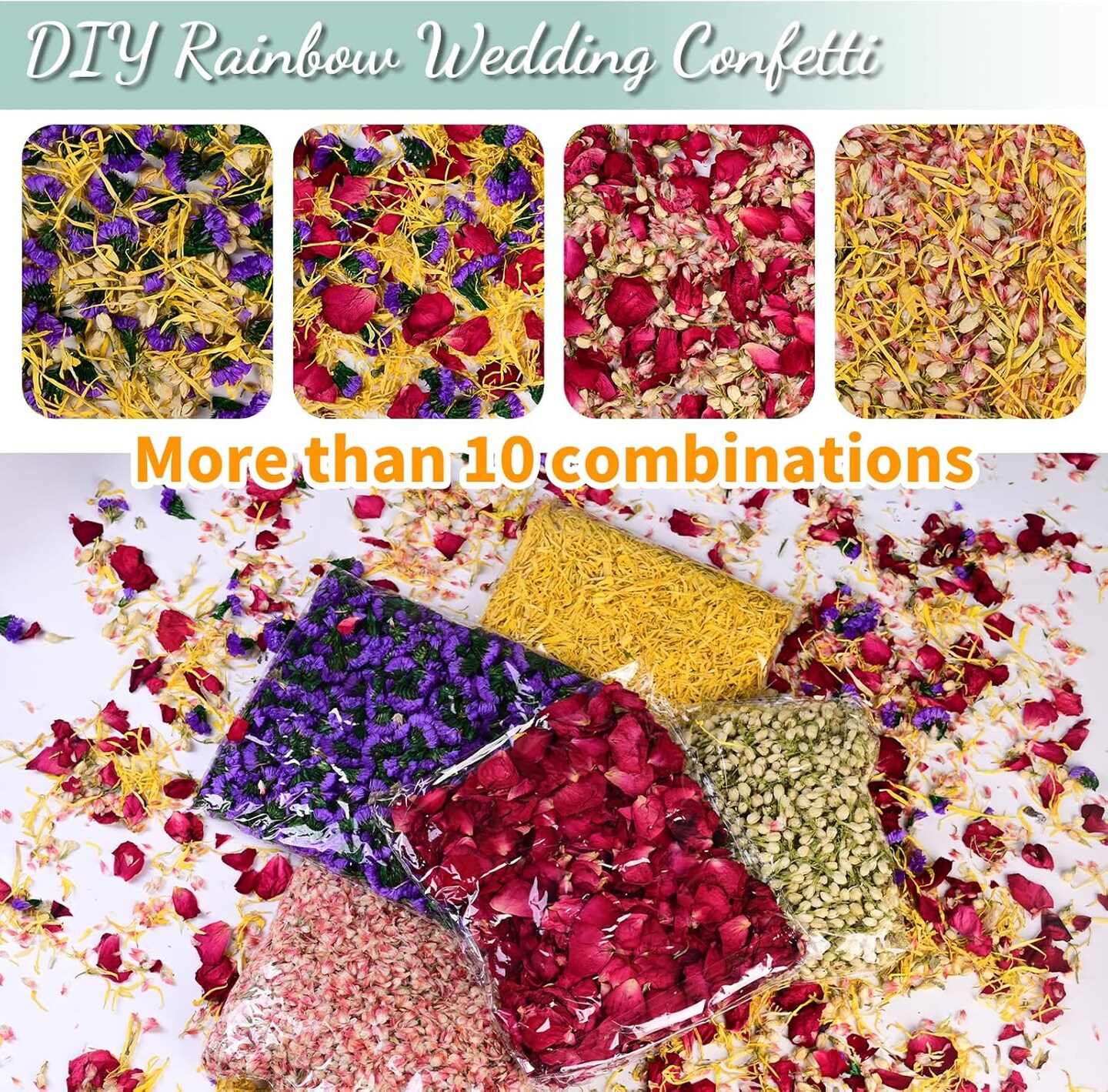 40+ Cups Real Biodegradable Flower Petal Wedding Confetti, 5 QT 5 Kinds Colorful Mixed Petal Confetti with Dried Rose Petal &#x26; Jasmine Buds