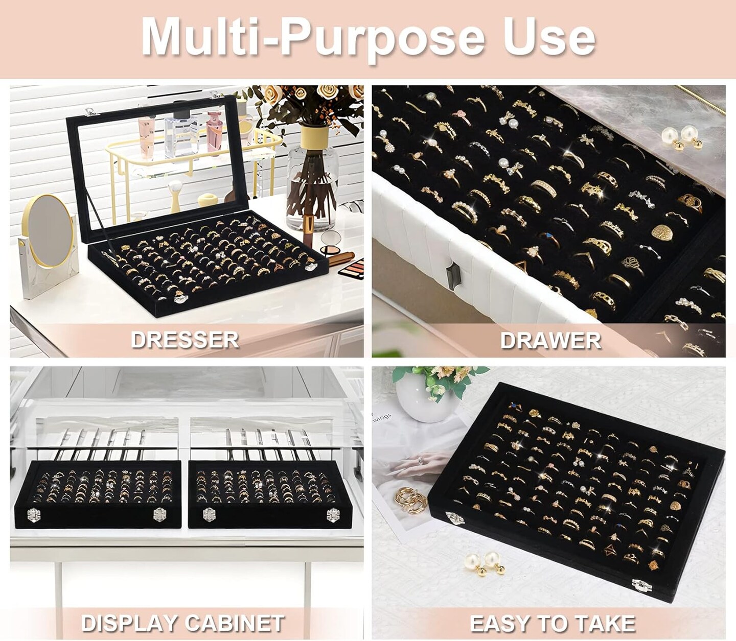 Ring Organizer for Jewelry, Ring Holder Box with Clear Lid, Dustproof Velvet Rings Display Tray Storage Case