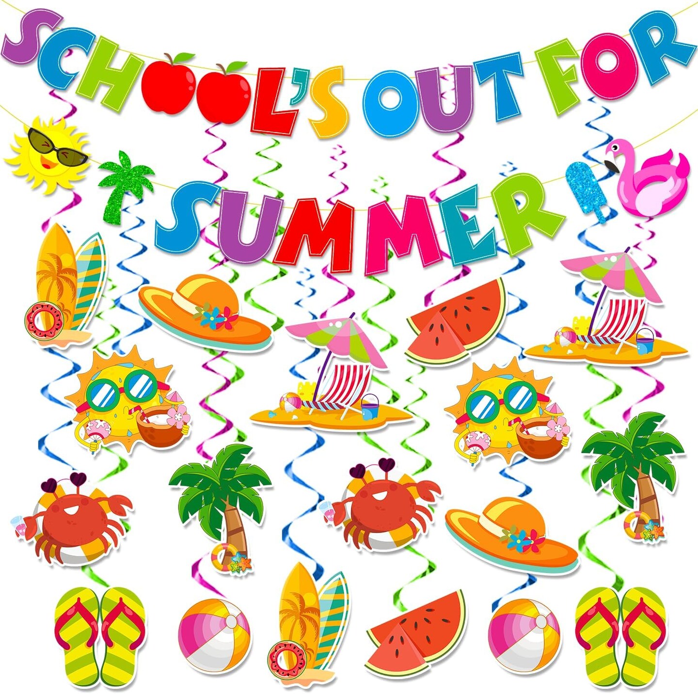 School&#x27;s Out for Summer Banner Summer Party Decorations Include Hello Summer Banner and Hanging Swirls Last Day of School Decorations Pool Party Decorations