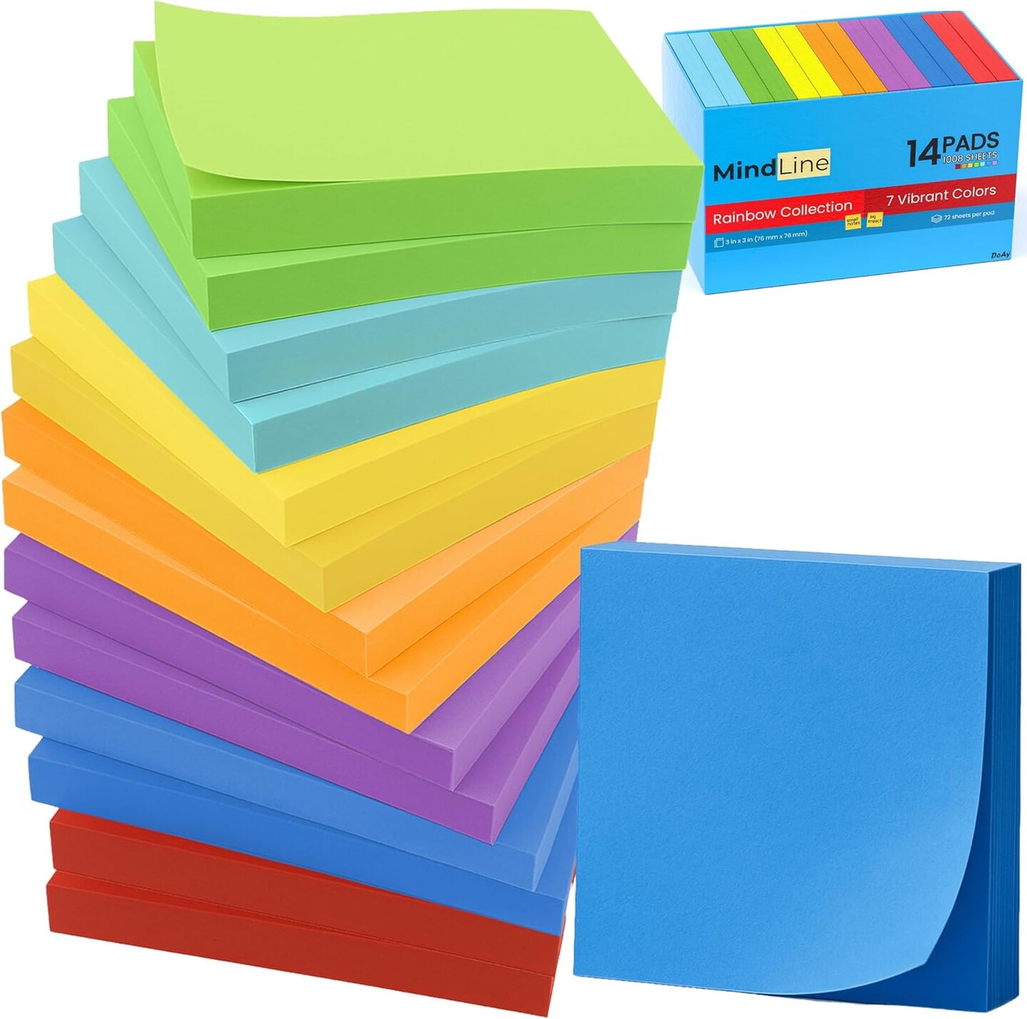 14 Pack Sticky Notes - Rainbow Colors Self-Stick Pads - Strong Adhesion, Smooth Writing, No Residue - Easy to Post for Home, Office, School - 72 Sheets/Pad