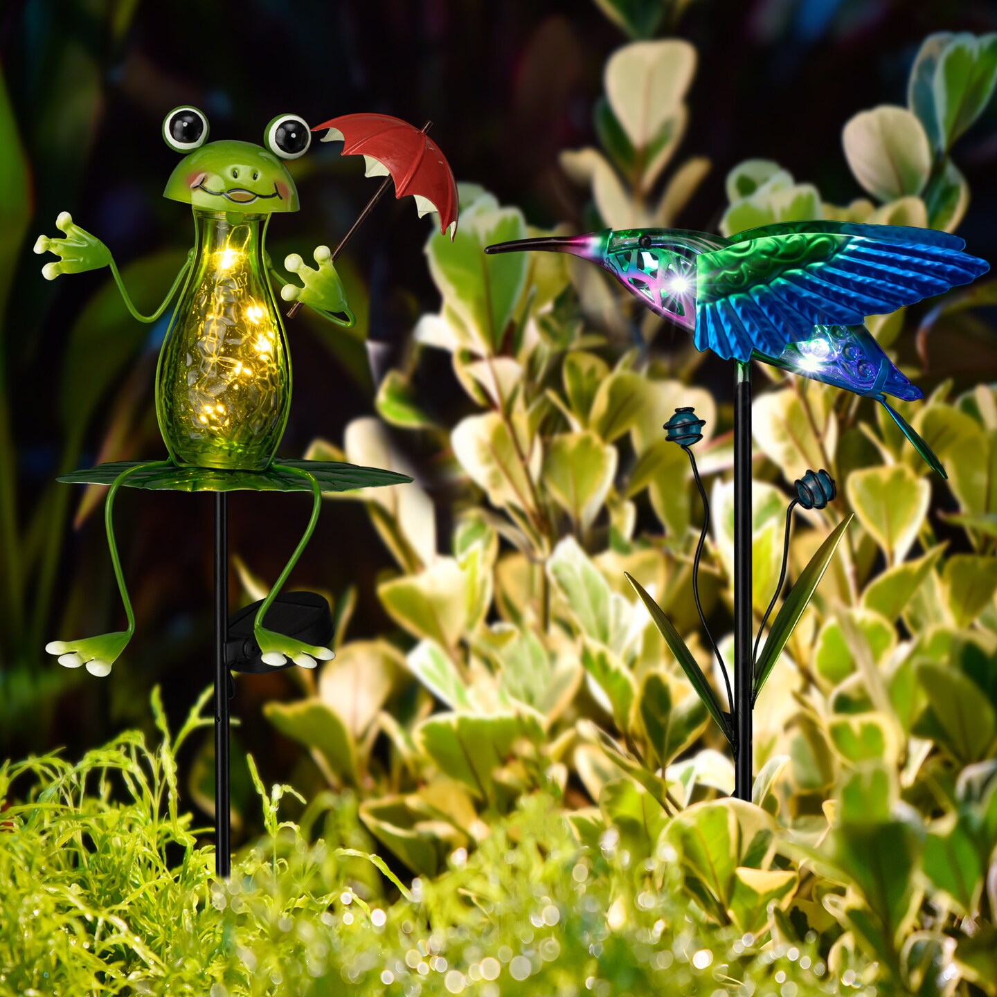 Set of 2 36&#x22;H/39&#x22;H Solar Hummingbird &#x26; Frog Yardstakes
