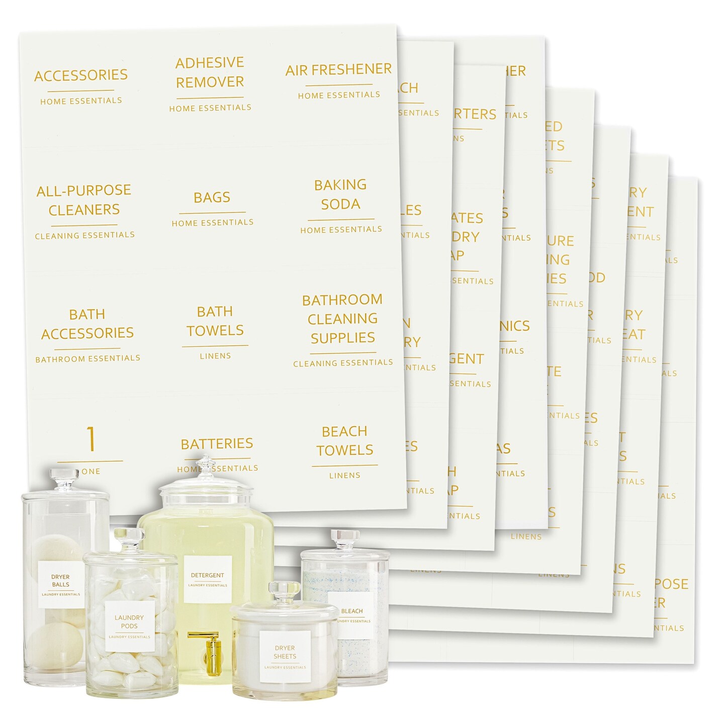 Talented Kitchen 144 Minimalist Laundry Room Labels, Organization Stickers for Glass Jars, Containers, Spray Bottles (Gold Print on White Matte Backing)