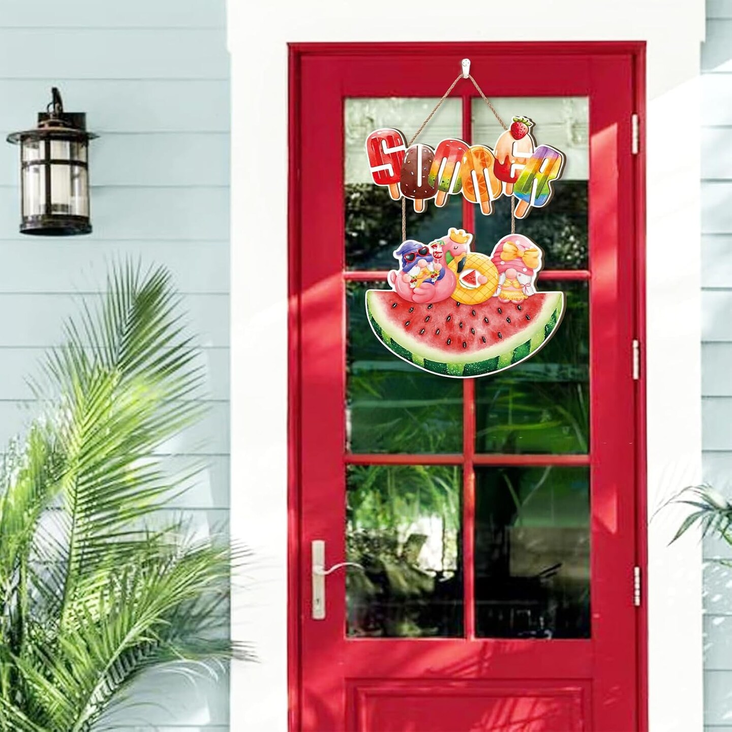 Hello Summer Door Sign,Watermelon Door Hanger,Summer Welcome Wood Decor,Watermelon Gnome Hanging Decor,Popsicle Ice Lolly Ice Cream Wall Plaque for Outdoor Home Office Yard Porch Pool Party