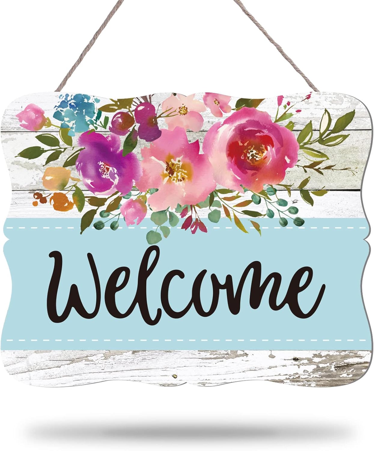 Welcome Hanging Sign Front Door Decor Summer Wooden Welcome Sign Watercolor Floral Welcome Sign Rustic Farmhouse Flower Print Wood Sign for Holiday Home Coffee Shop Window Door Decor