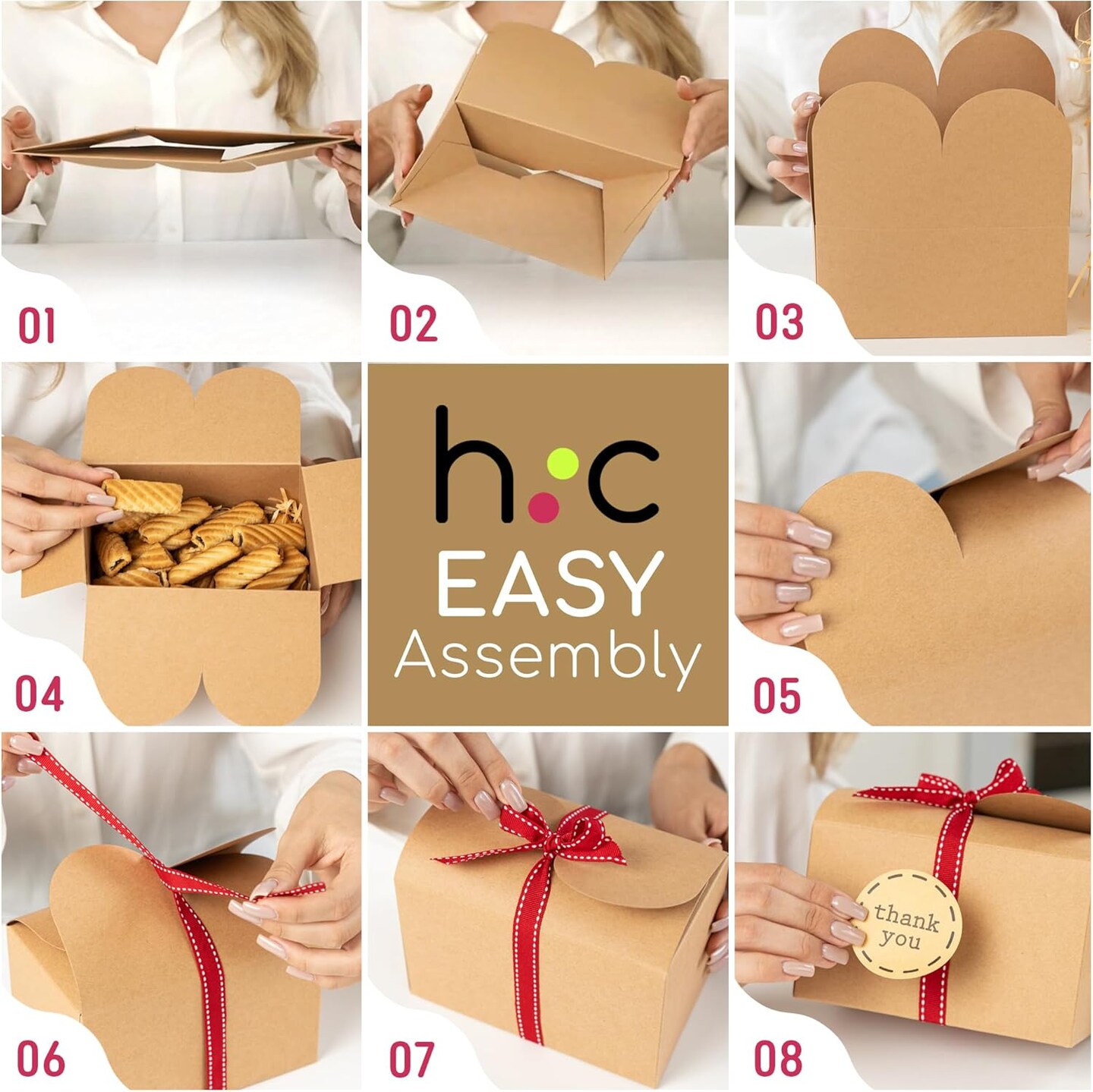 Brown Kraft Cookie Boxes with Ribbons &#x26; Stickers (20 Pack) 6.5&#x201D; x 4&#x201D; Small Cardboard Gift Boxes for Gift Giving, Baked Goods, Candy, Christmas, Decorative Food Packaging, Bakery Treats, Empty, Bulk