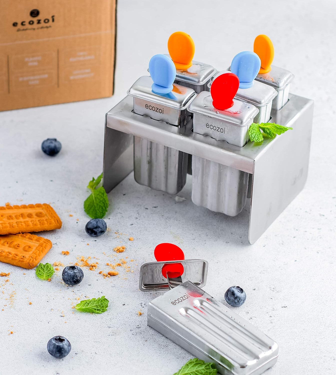 Stainless Steel Popsicle Molds, 6 Mini Popsicle Makers, 6 Reusable Stainless Steel Sticks, 12 Silicone Seals and 1 Rack, Eco Popsicle Molds for Kids and Adults, 2 oz Per Mold (Square)