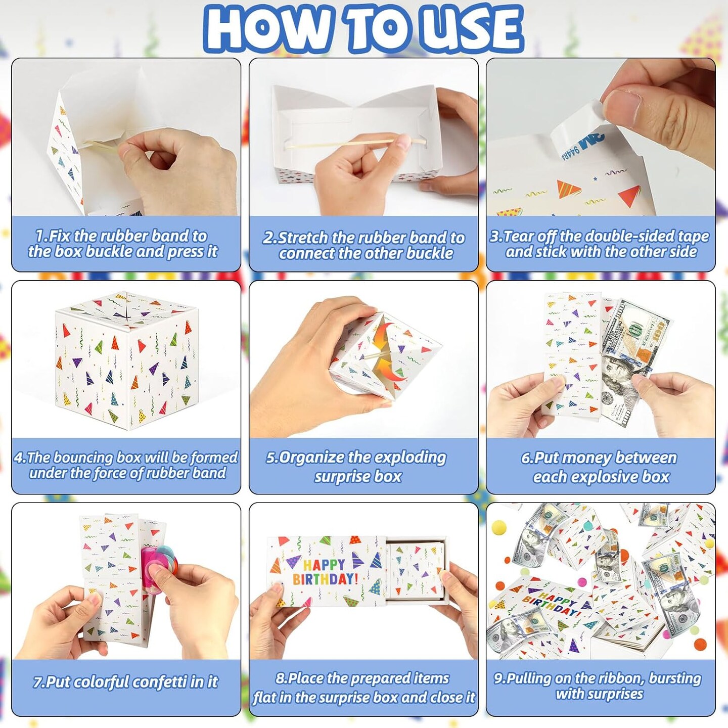 Happy Birthday Surprise Gift Box Explosion for Money - DIY Pop Out Folding Bounce Explosion Gift Box with Confetti - Birthday Money Bank - Cash Gift Idea for Women Men Kids (White)