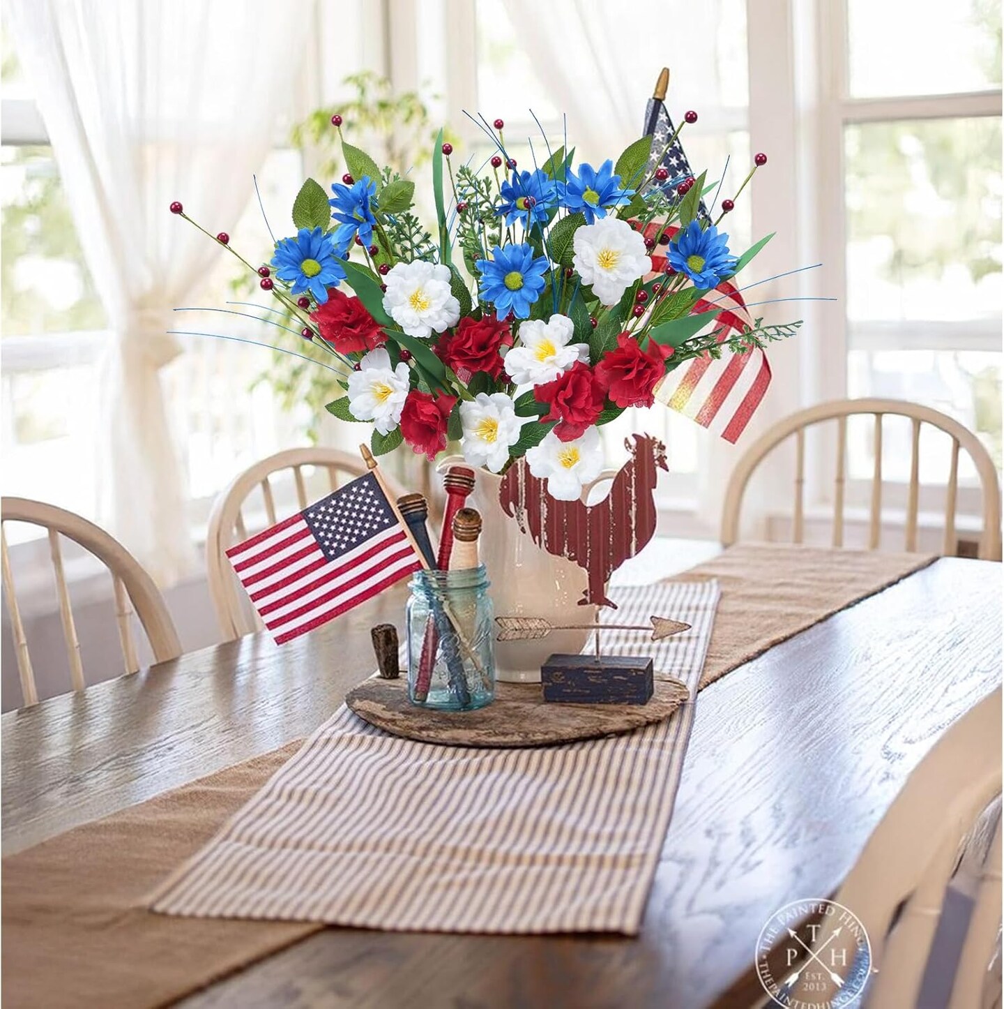 6 Pcs 4th of July Decorations Patriotic Memorial Bouquet 19.69&#x27;&#x27; Red White and Blue Decorations Flowers with Pampas Patriotic Decor for Easter Independence Day