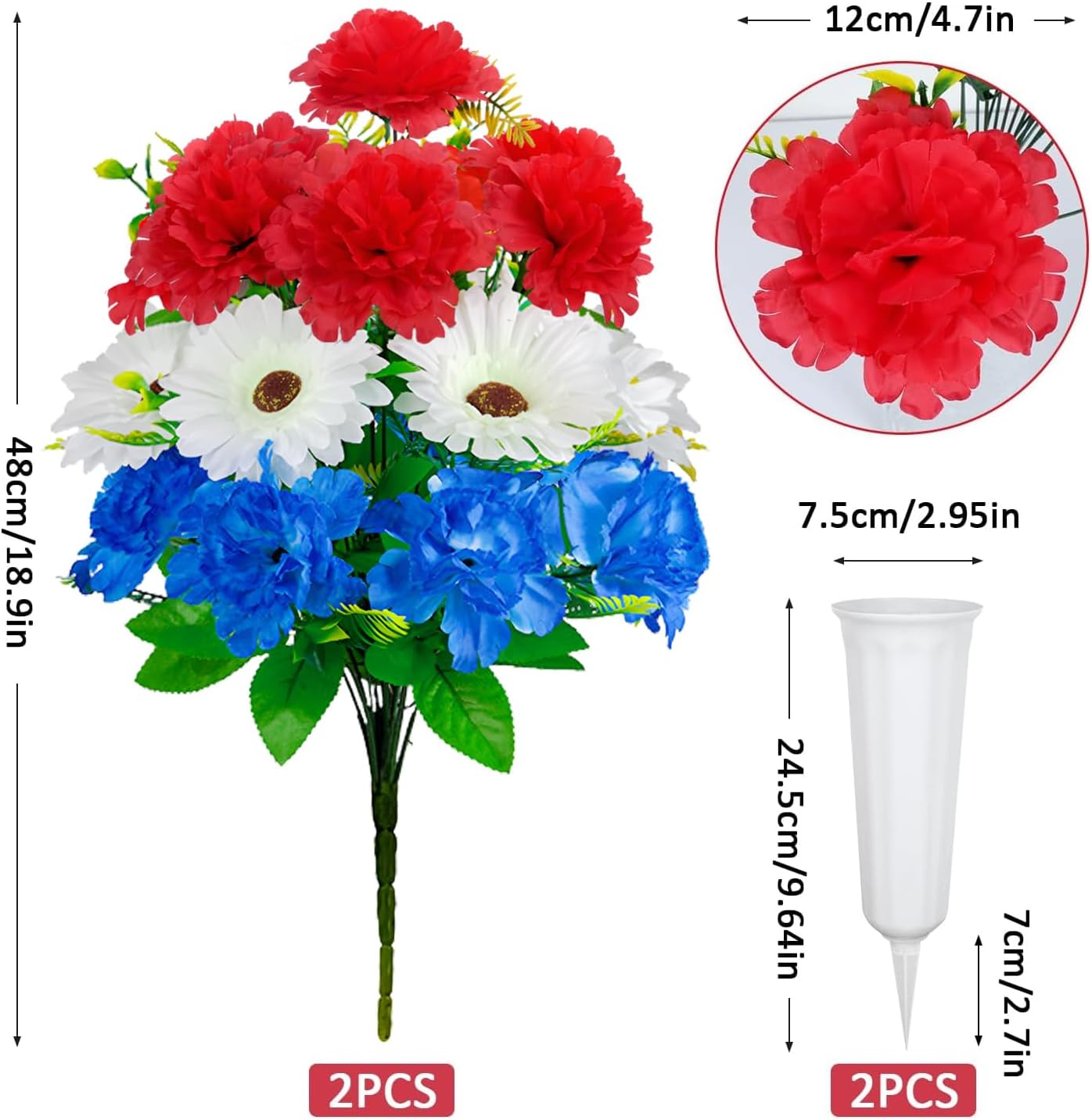 2Bundles Patriotic Artificial Flowers Red White and Blue Flowers 4th of July Flowers Silk Flowers Arrangement